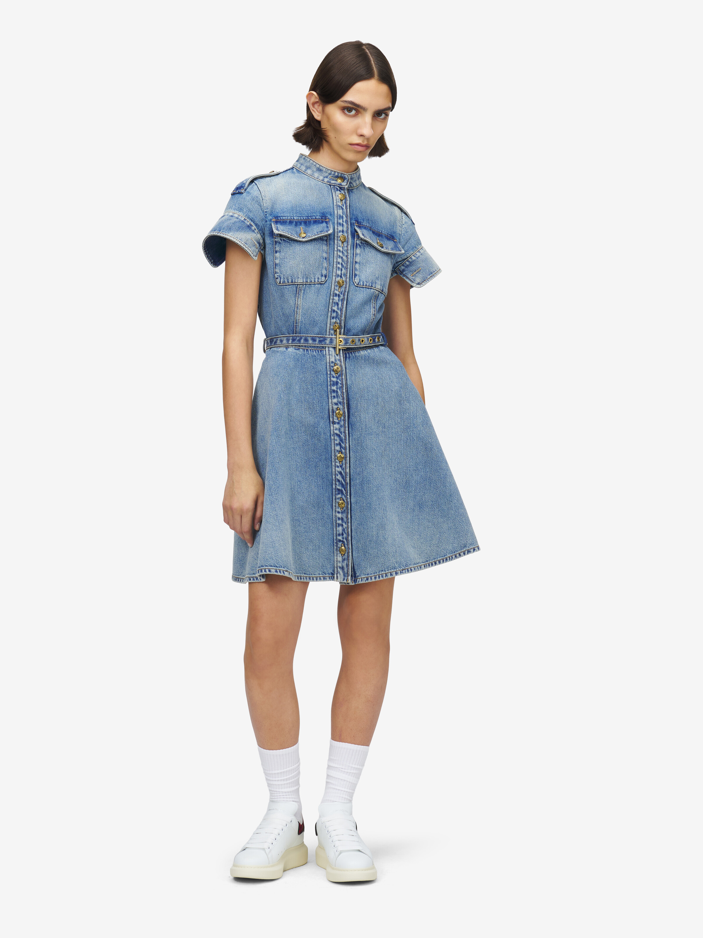 Women's Denim Mini Dress in Washed Blue in 100% Cotton | Alexander McQueen - image 1