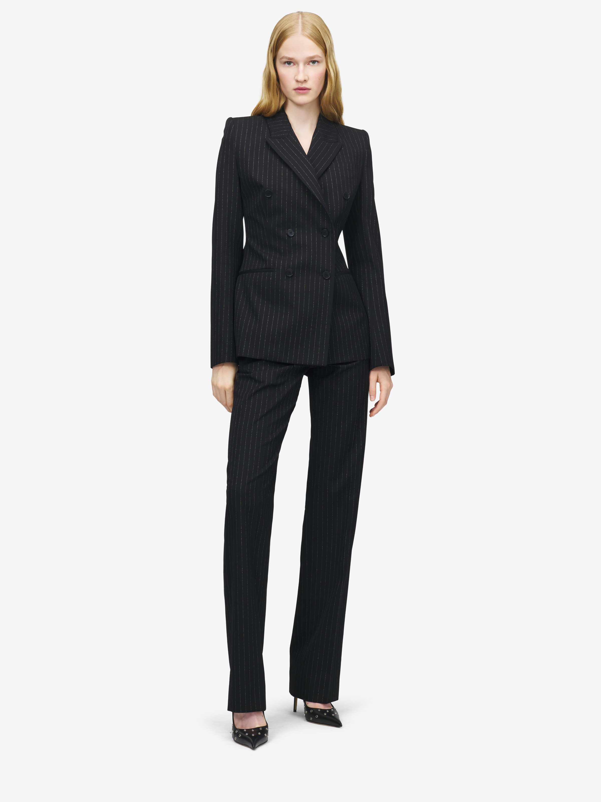Women's Pinstriped Double-breasted Jacket in Black in 100% Wool | Alexander McQueen - image 2