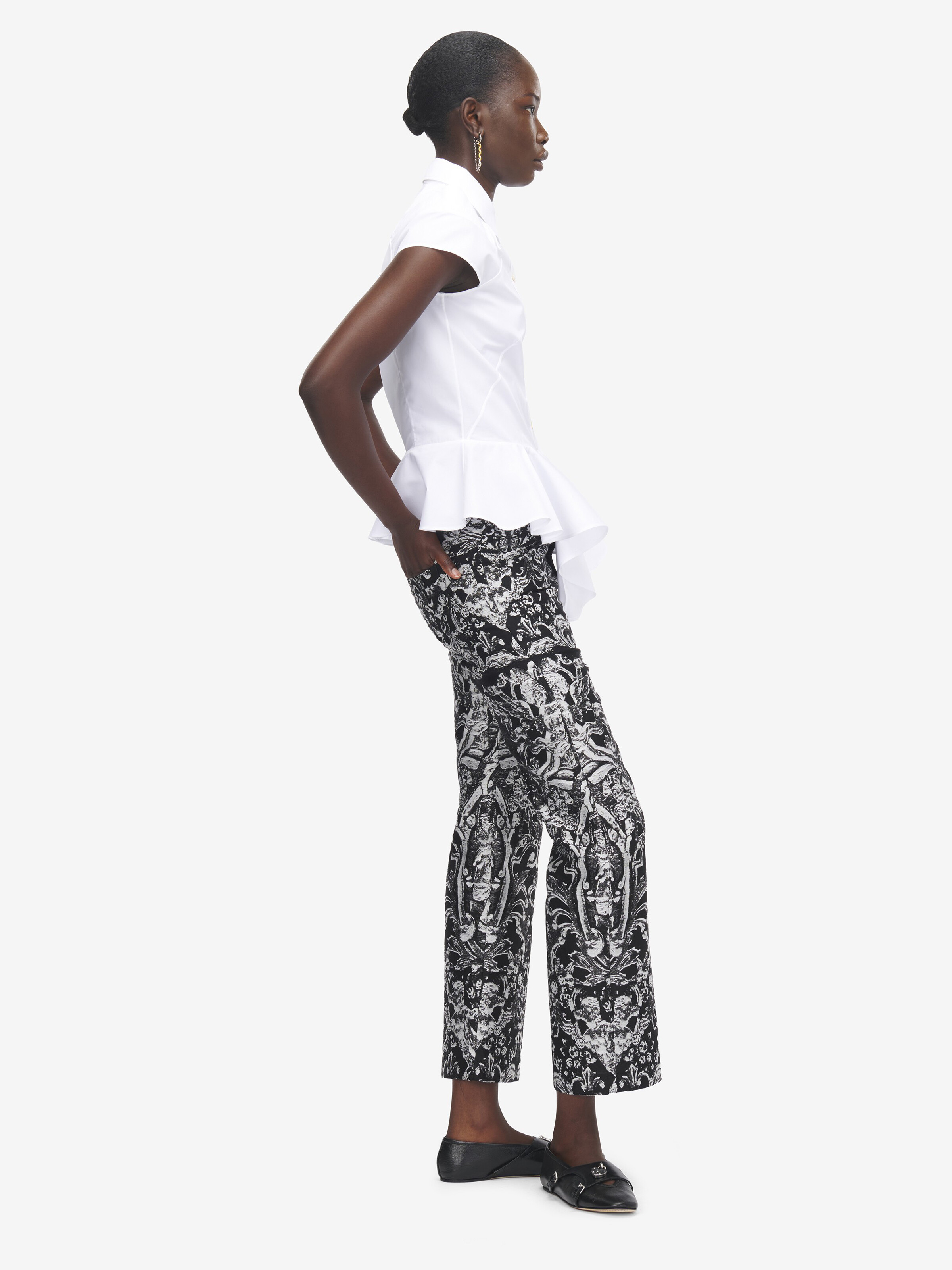 Chemise À Manches Courtes À Basque Drapée pour Femme en Blanc Optique in 100% Coton | Alexander McQueen - image 3