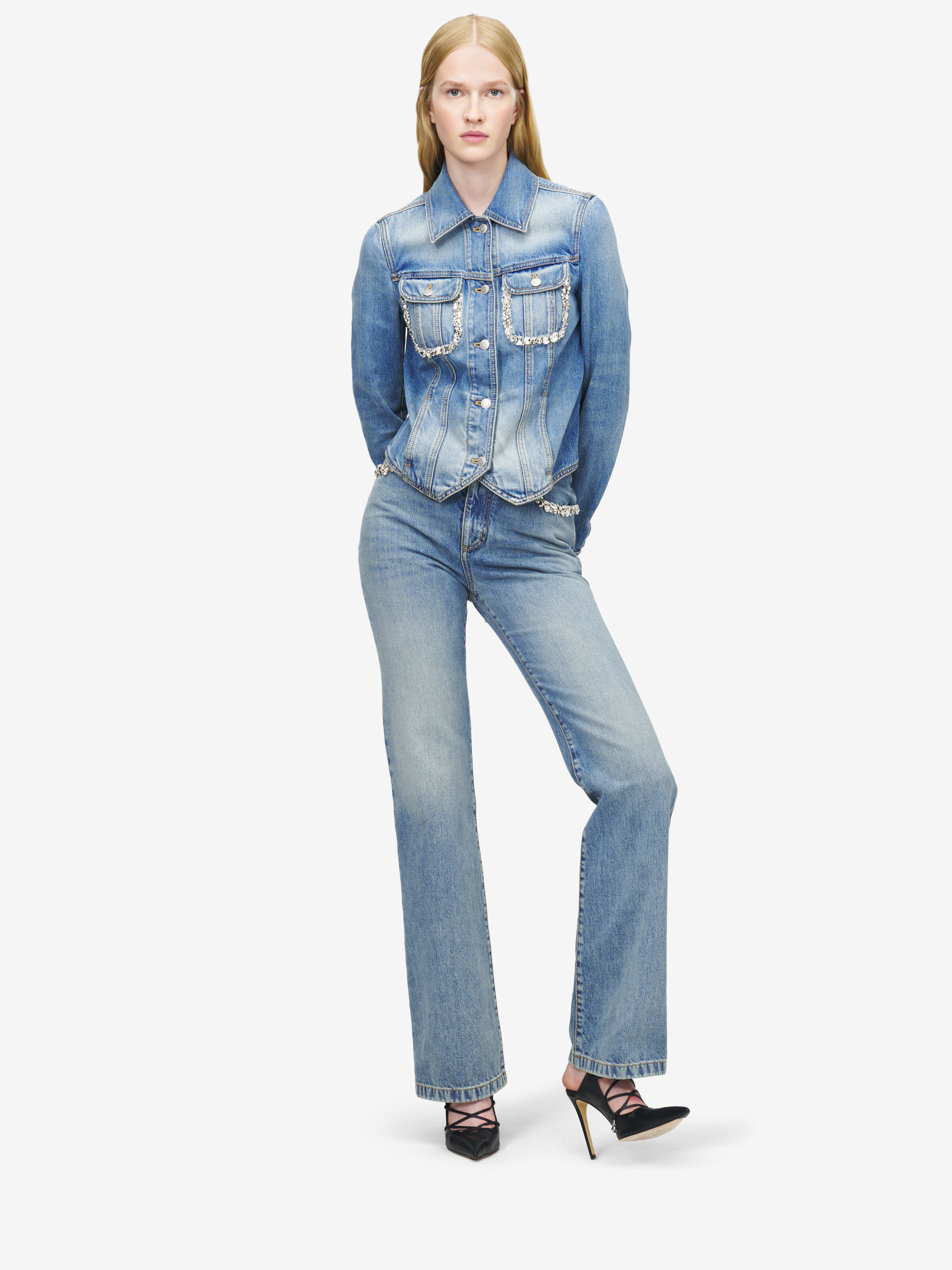 Women's Kickback Denim Jacket in Washed Blue in 100% Cotton | Alexander McQueen - image 3