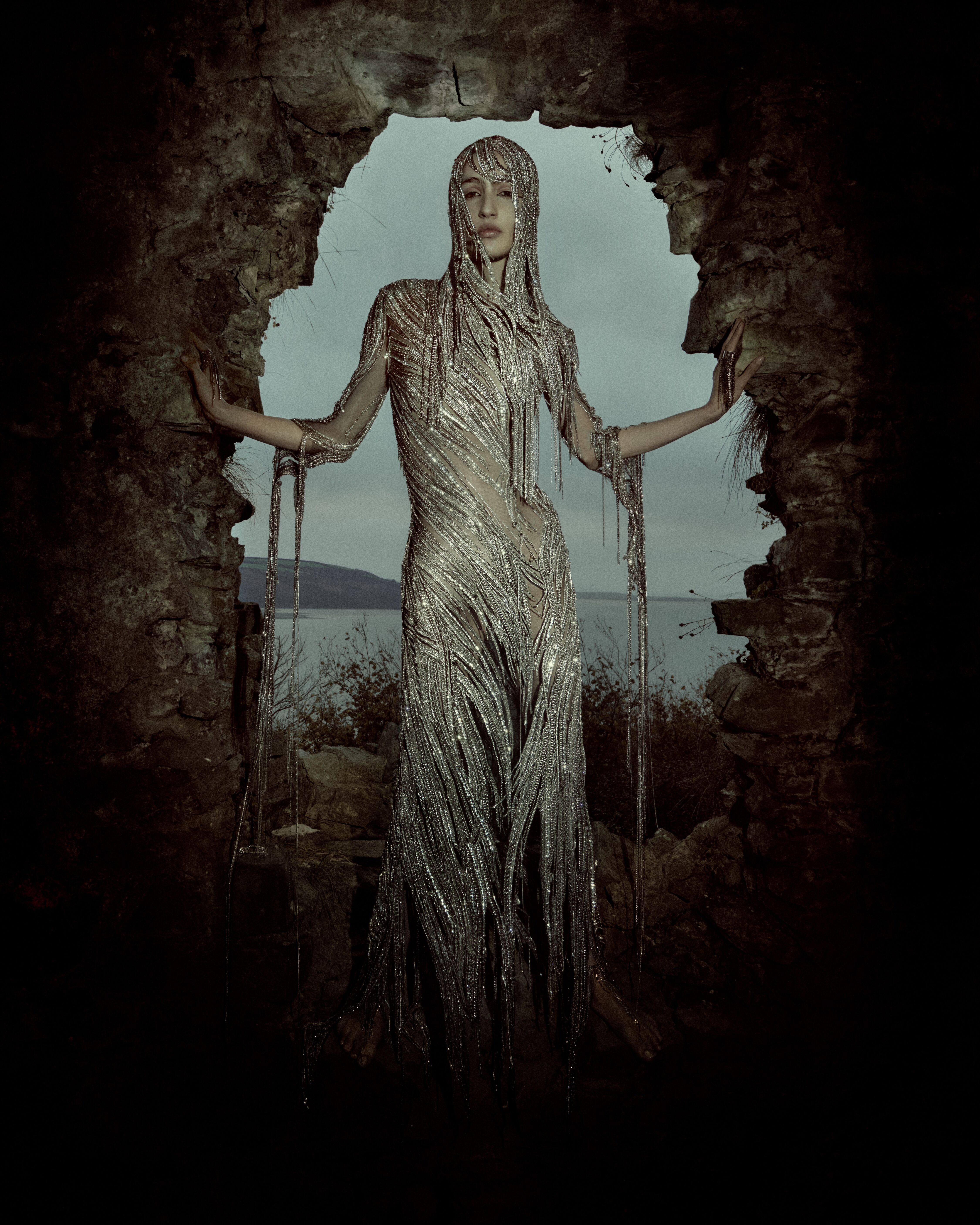 McQueen Banshee look from Spring Summer 2025 photographed on model at Llansteffan Castle