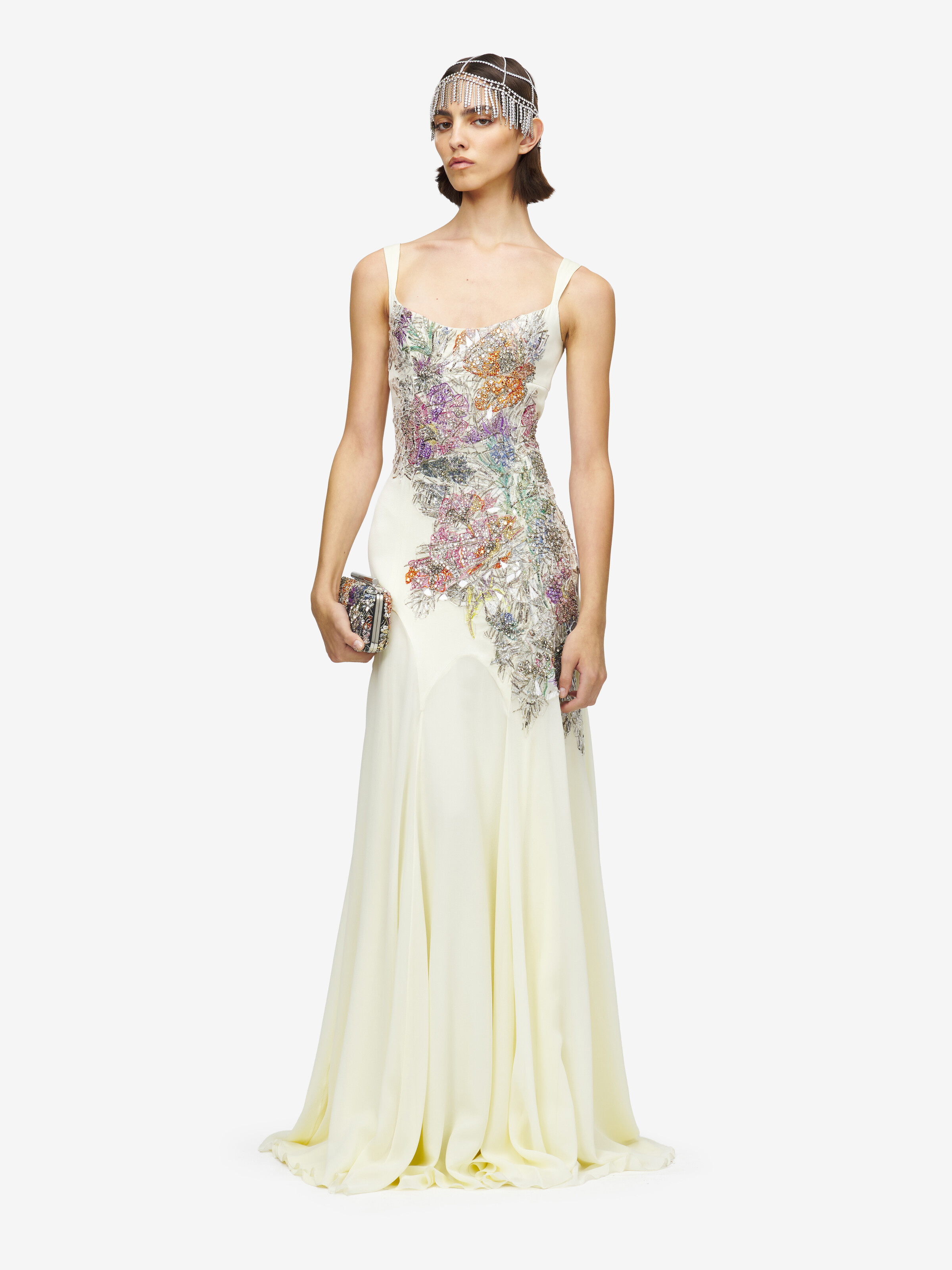 Women's Smashed Floral Embroidery Evening Dress in Cream in 61% Viscose, 39% Acetate | Alexander McQueen - image 1