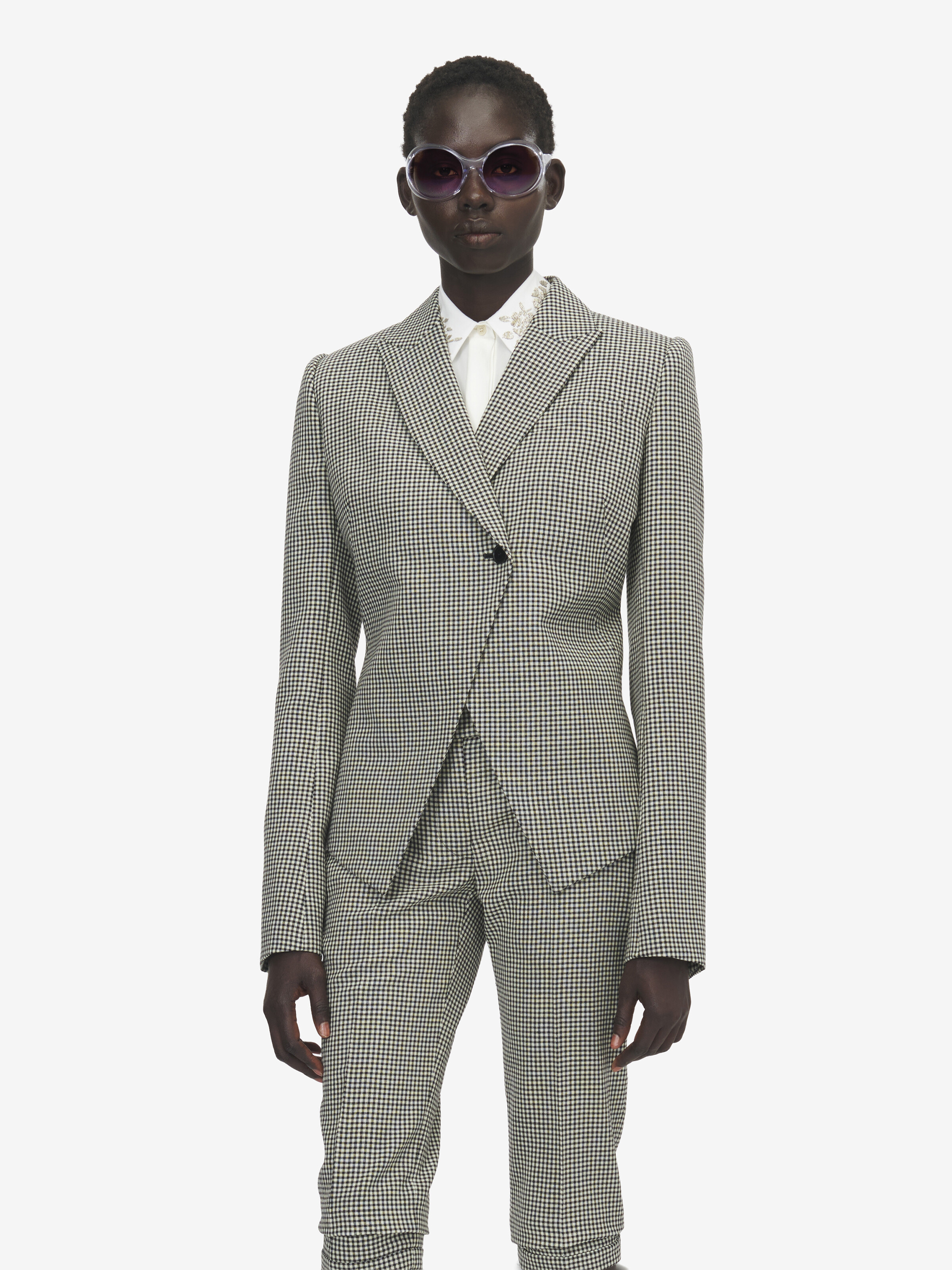 Women's 깅엄 체크 컷어웨이 재킷 in 블랙/아이보리 in 100% 양모 | Alexander McQueen - image 5