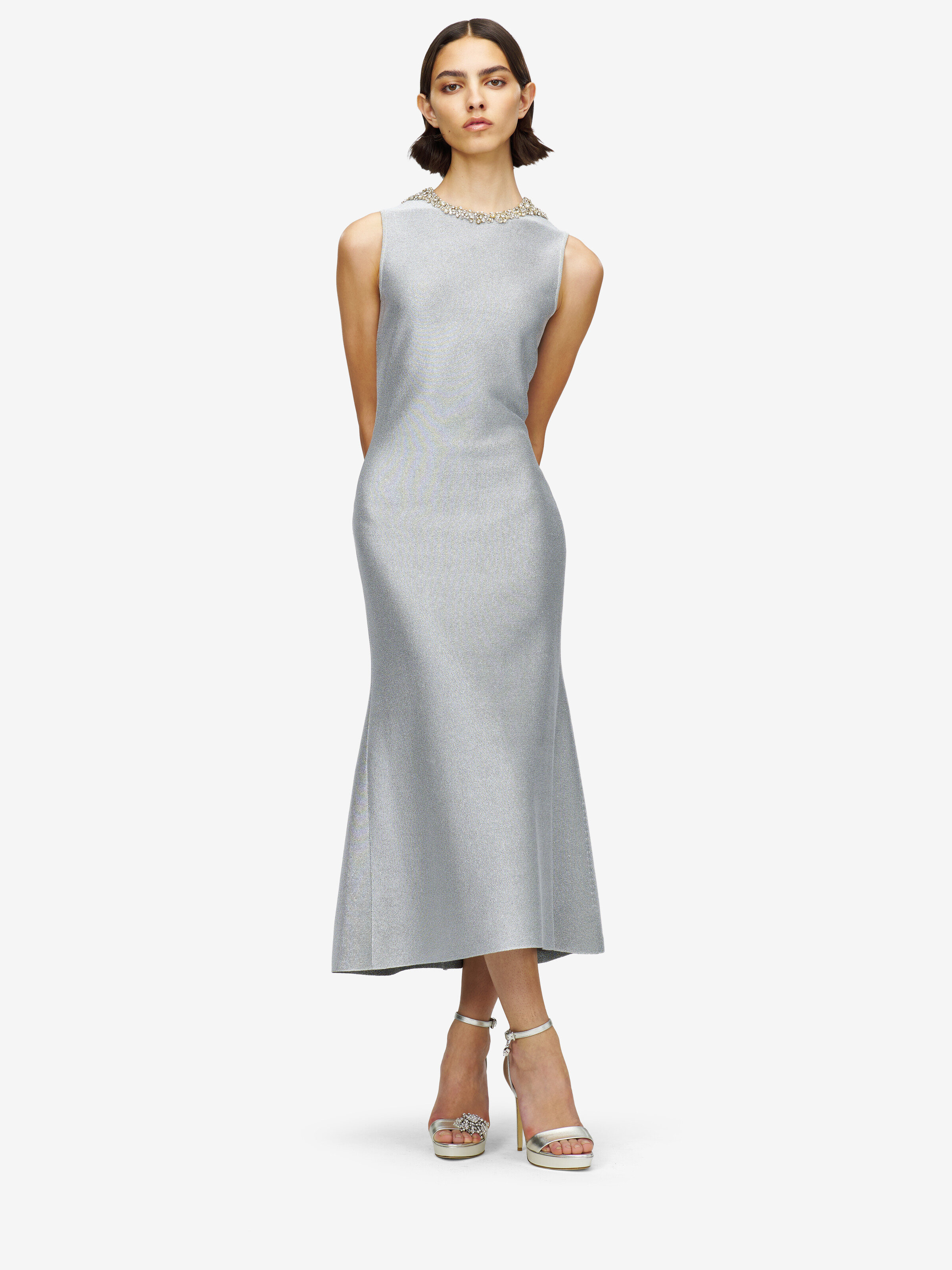 Women's Chain Mail Embroidery Midi Dress in Silver in 81% Viscose, 17% Metalic Polyester, 2% Polyester | Alexander McQueen - image 2