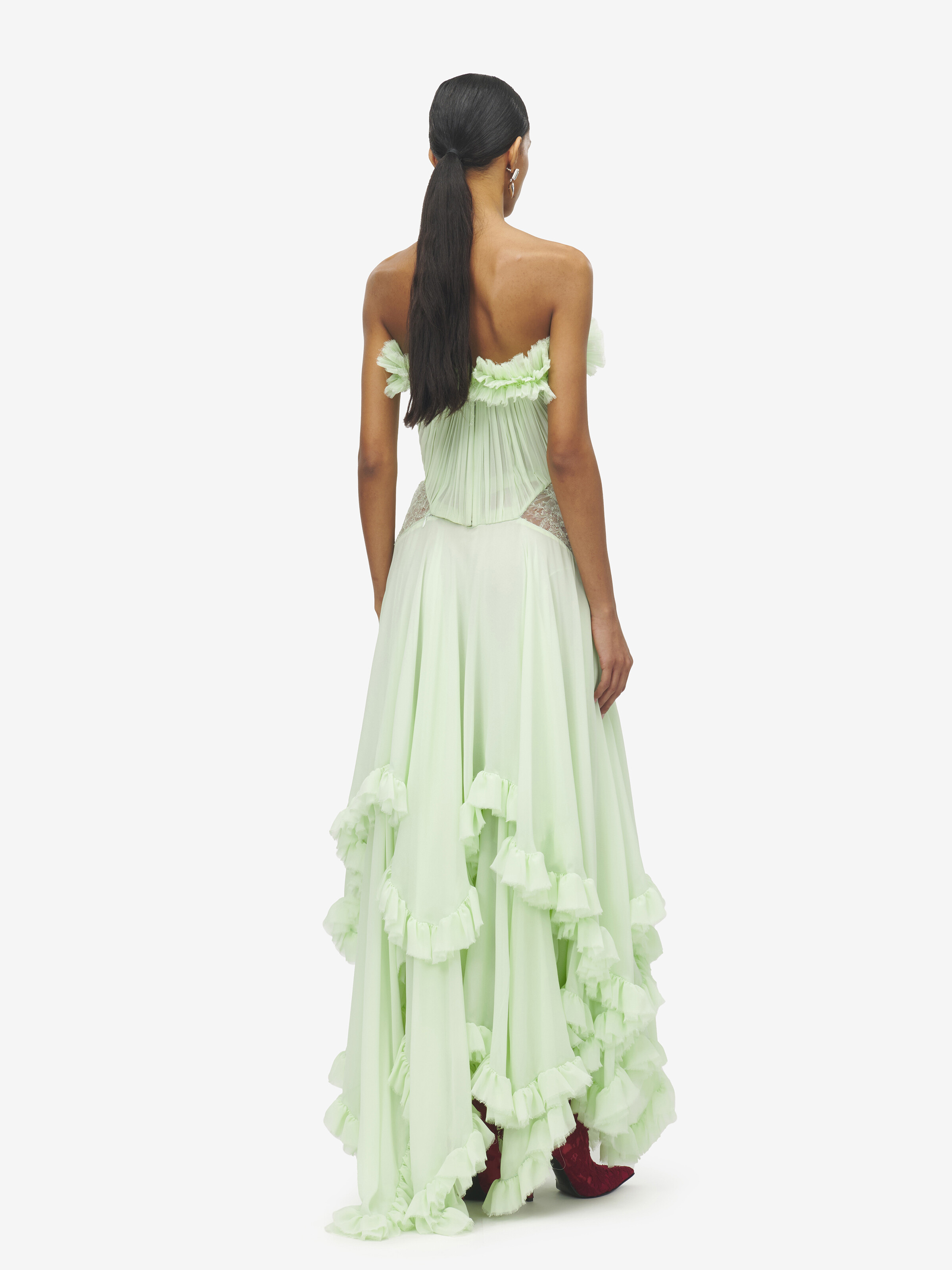 Women's Ruffled Evening Dress in Light Green in 100% Silk | Alexander McQueen - image 4