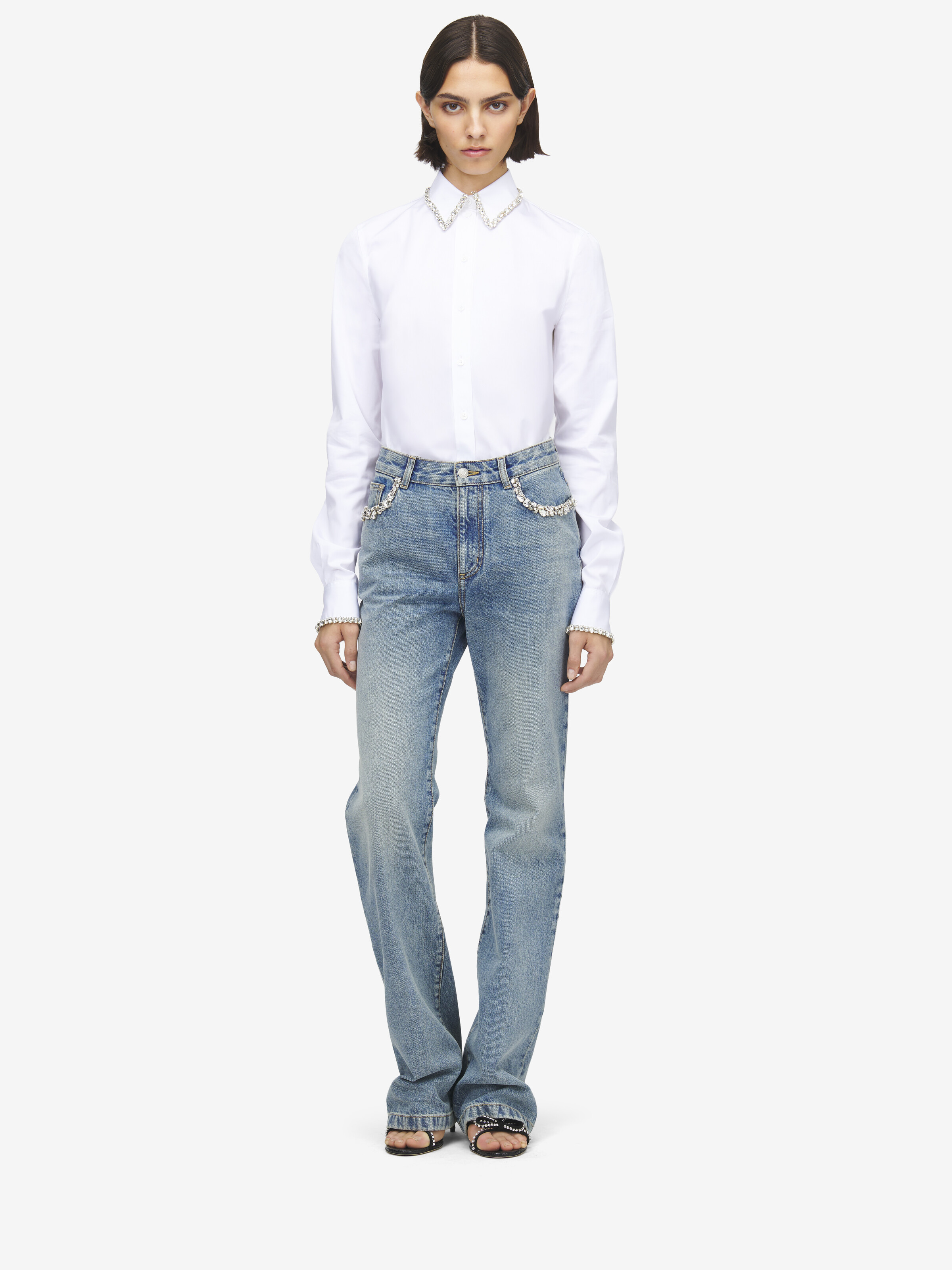 Women's Crystal Embroidery Straight Leg Jeans in Washed Blue in 100% Cotton | Alexander McQueen - image 2