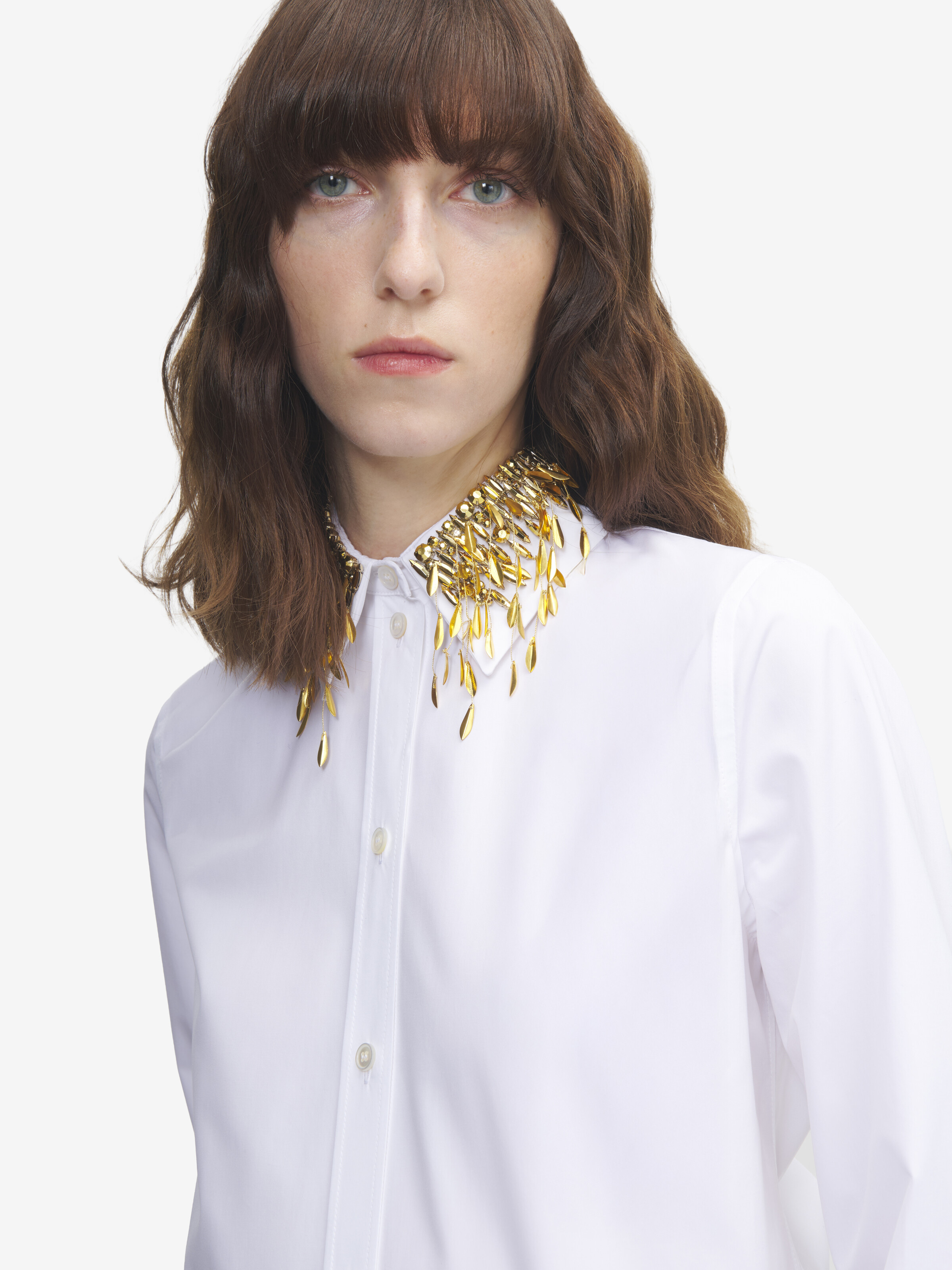 Women's Gold Leaves and Crystal Embroidery Shirt in Optical White in 100% Cotton | Alexander McQueen - image 5