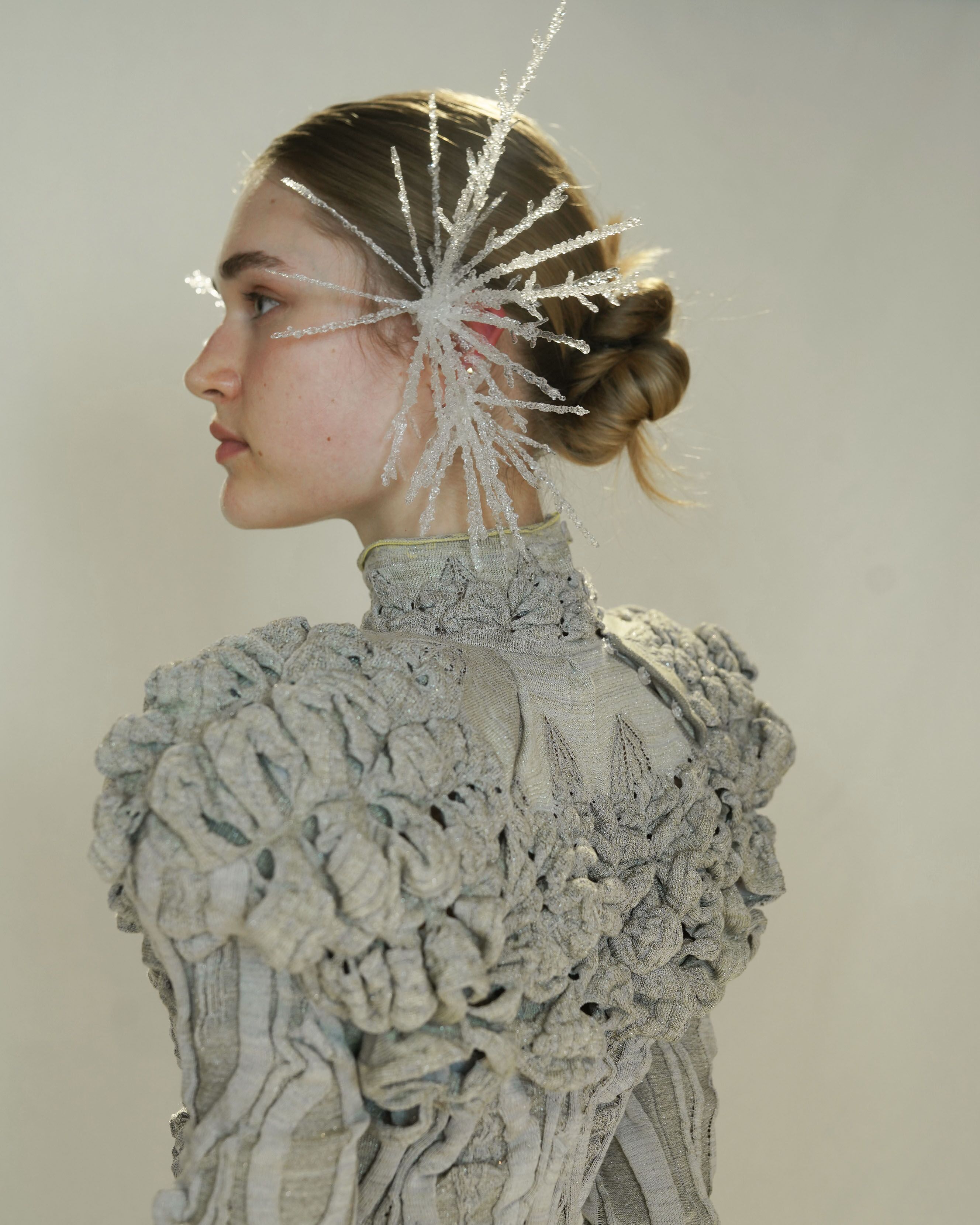 model wearing student work for McQueen X Kering Biodiversity project