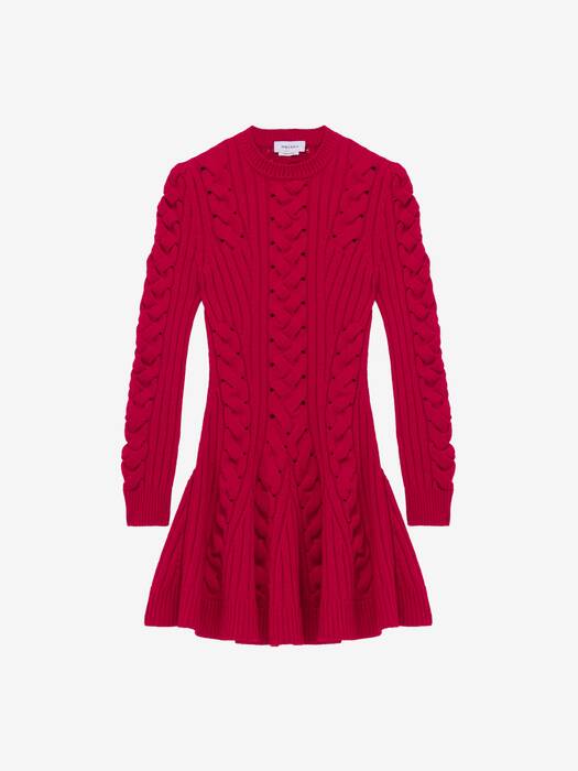 Women's Wool Cashmere Cable Knit Mini Dress in Red | McQueen US Women's Wool Cashmere Cable Knit Mini Dress in Red | McQueen US
