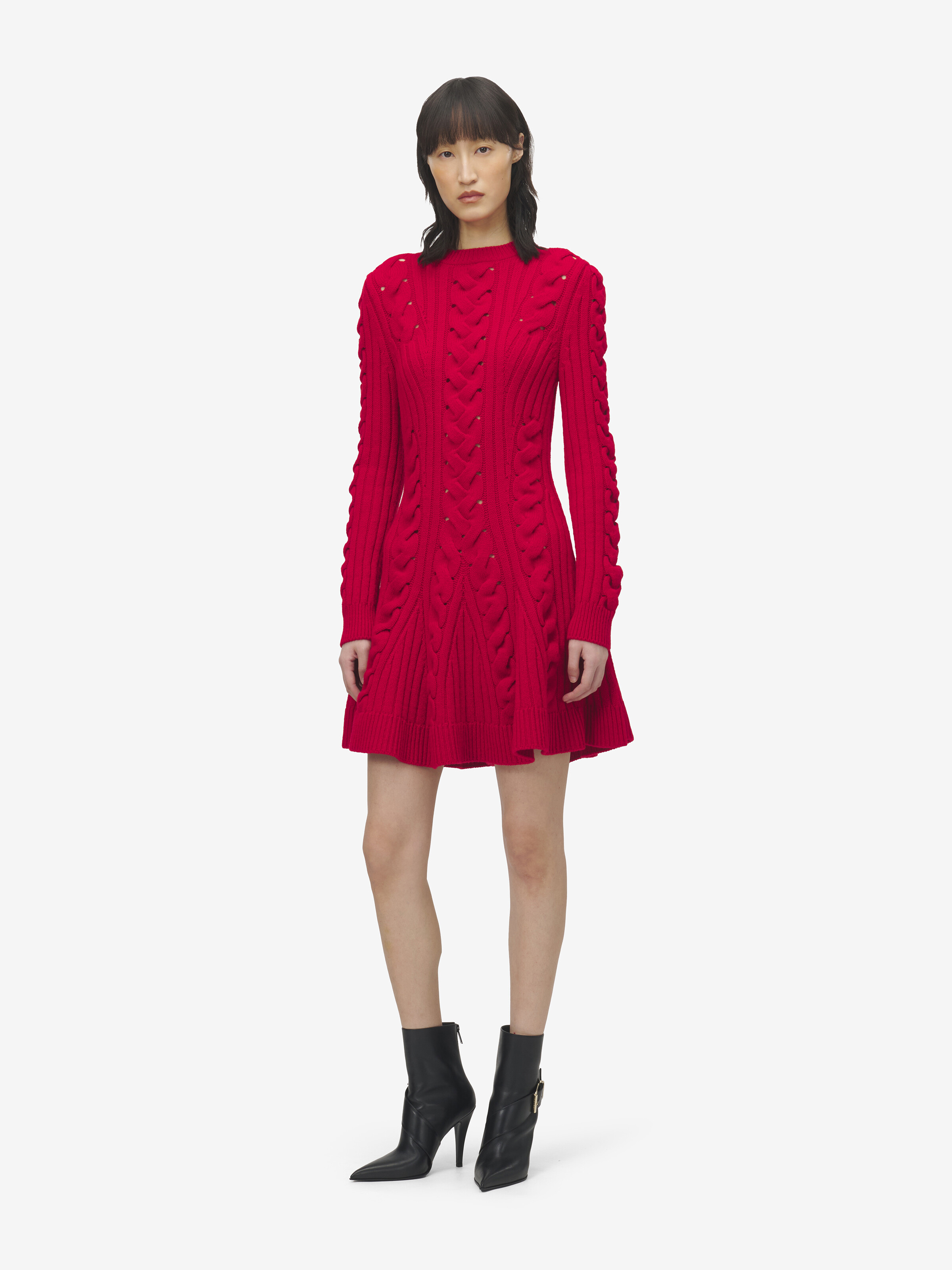 Women's Wool Cashmere Cable Knit Mini Dress in Red in 90% Wool, 10% Cashmere | Alexander McQueen - image 1