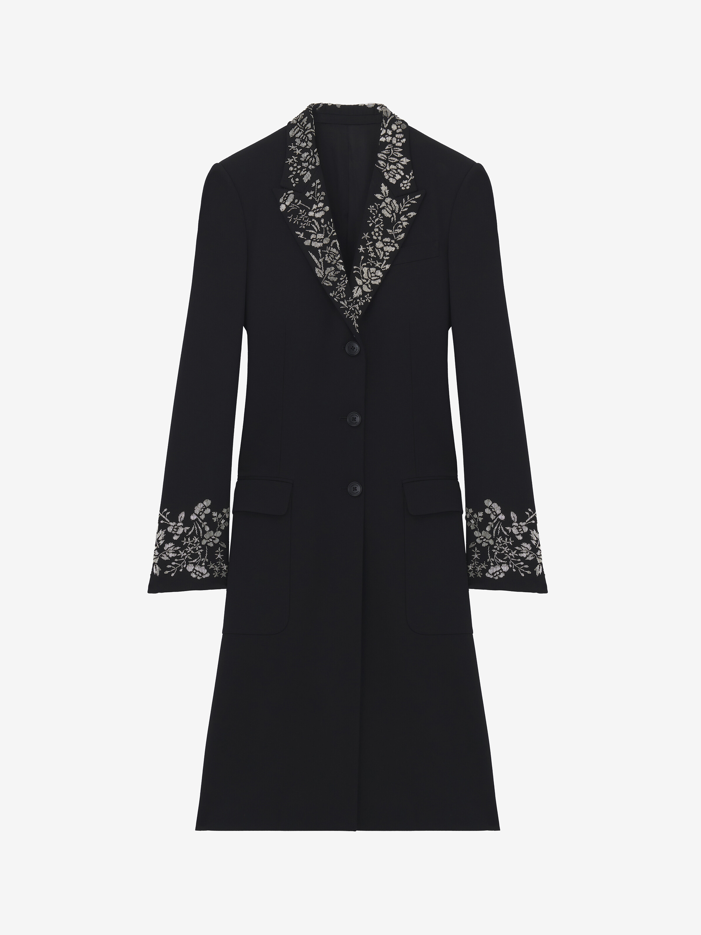 Women's Floral Embroidery Coat in Black in 100% Wool | Alexander McQueen - image 1