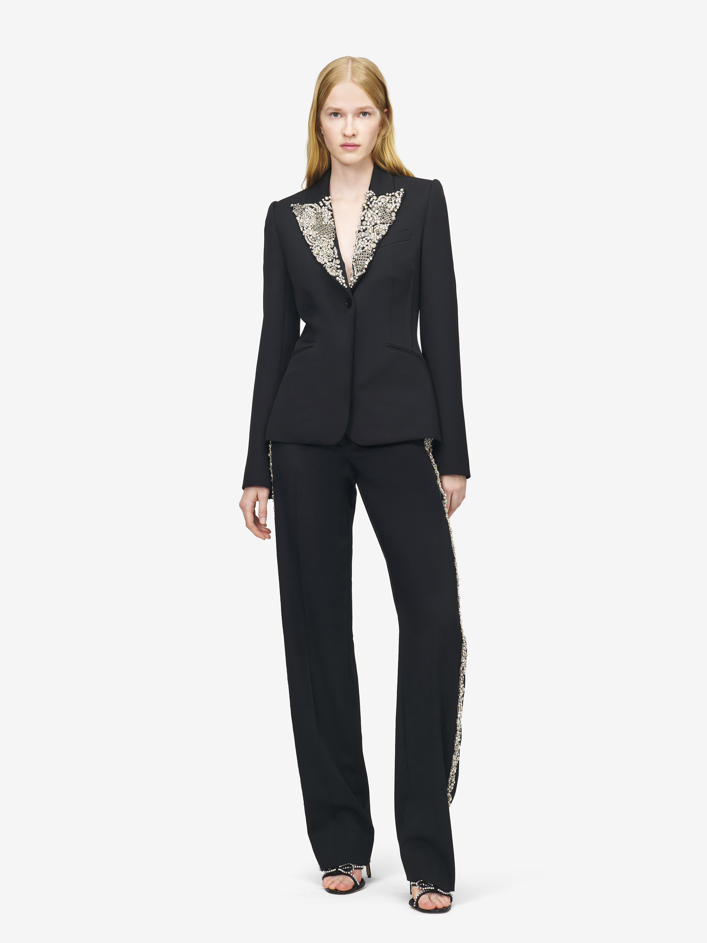 Women's Chain Mail Embroidery Single-breasted Jacket in Black in 100% Wool | Alexander McQueen - image 3