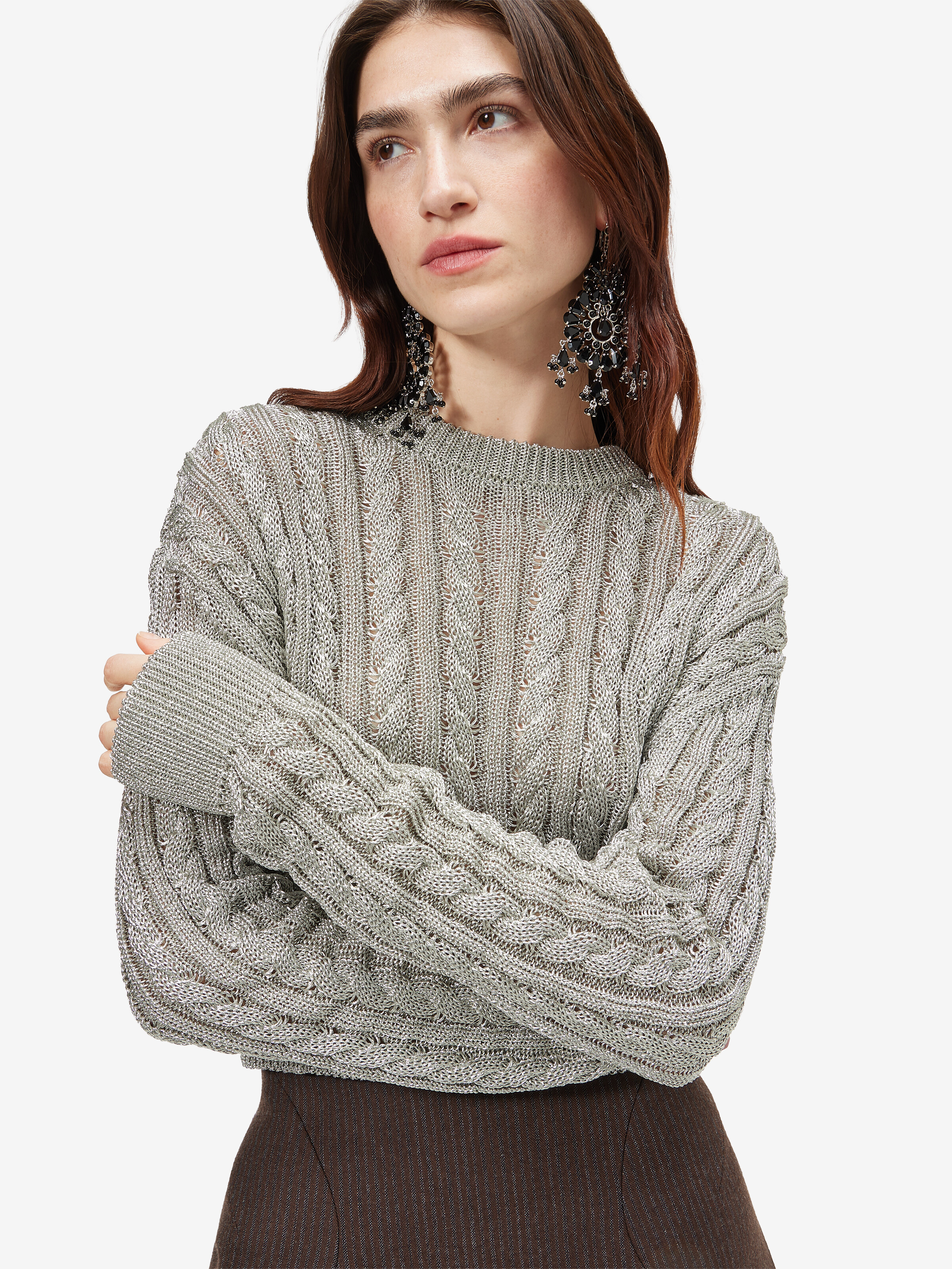 Women's Metallic Cable Knit Jumper in Silver in 65% Viscose, 19% Paper, 16% Metalic Poliamide - fabric 2: 100% Viscose | Alexander McQueen - image 5