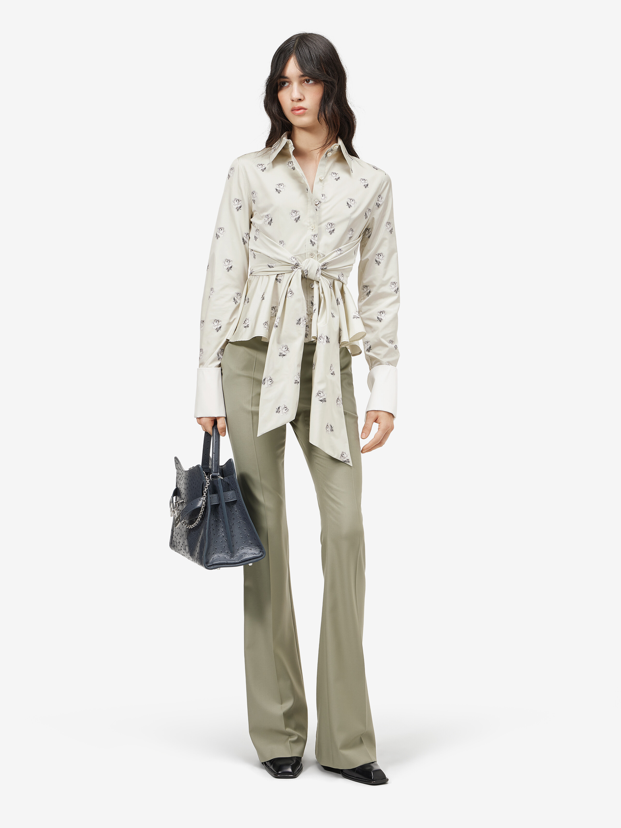 Women's Taffeta Rose Jacquard Self-tie Shirt in Light Green in 93% polyester, 7% silk -  details: 100% cotton | Alexander McQueen - image 2