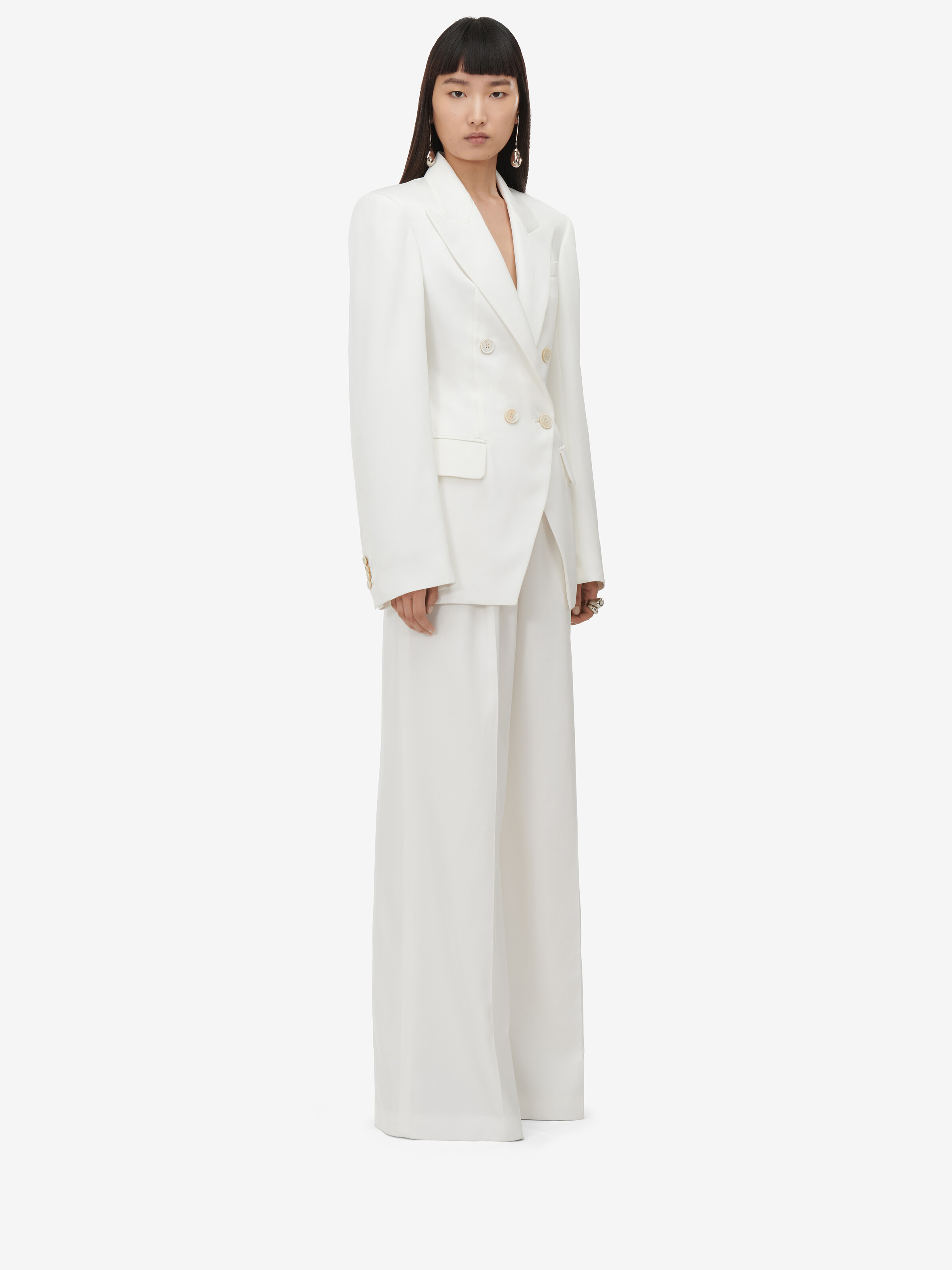 Women's Double Pleat Wide Leg Trousers in Ivory in 100% Viscose | Alexander McQueen - image 3