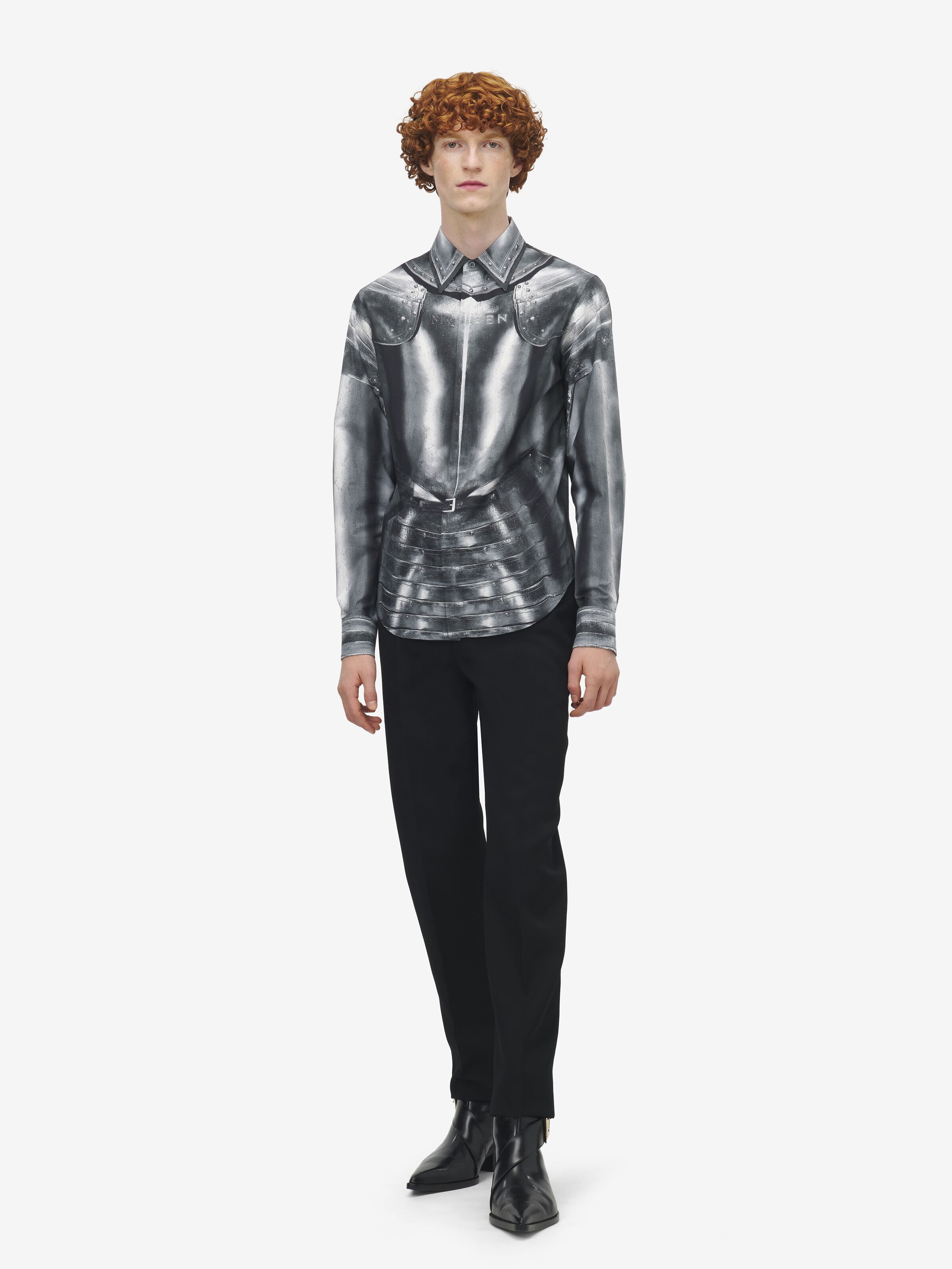 Men's Armour Print Poplin Shirt in Grey/Silver in 100% Cotton | Alexander McQueen - image 3