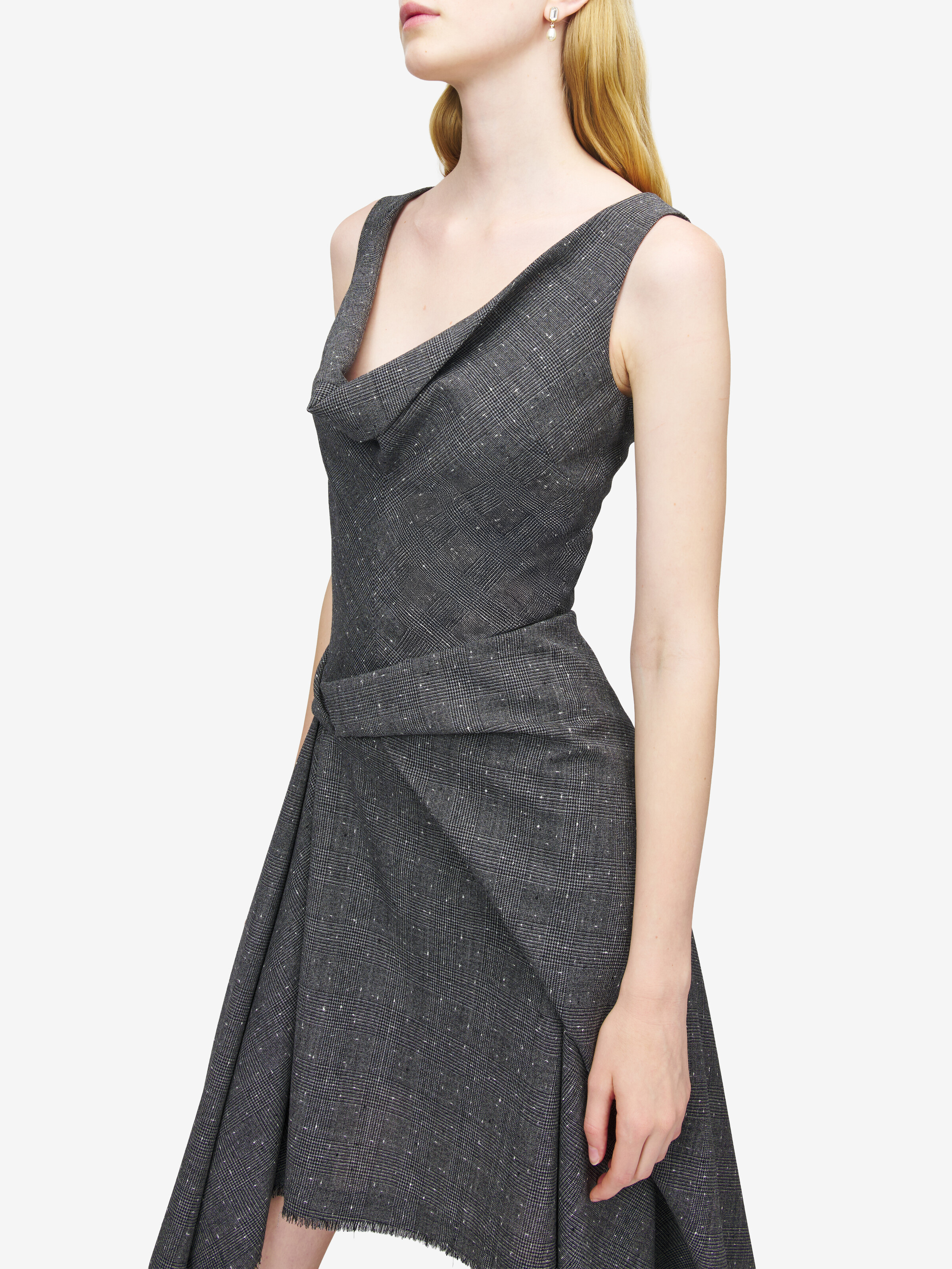 Women's Flecked Glen Check Asymmetric Dress in Black/Ivory in 100% Wool | Alexander McQueen - image 6