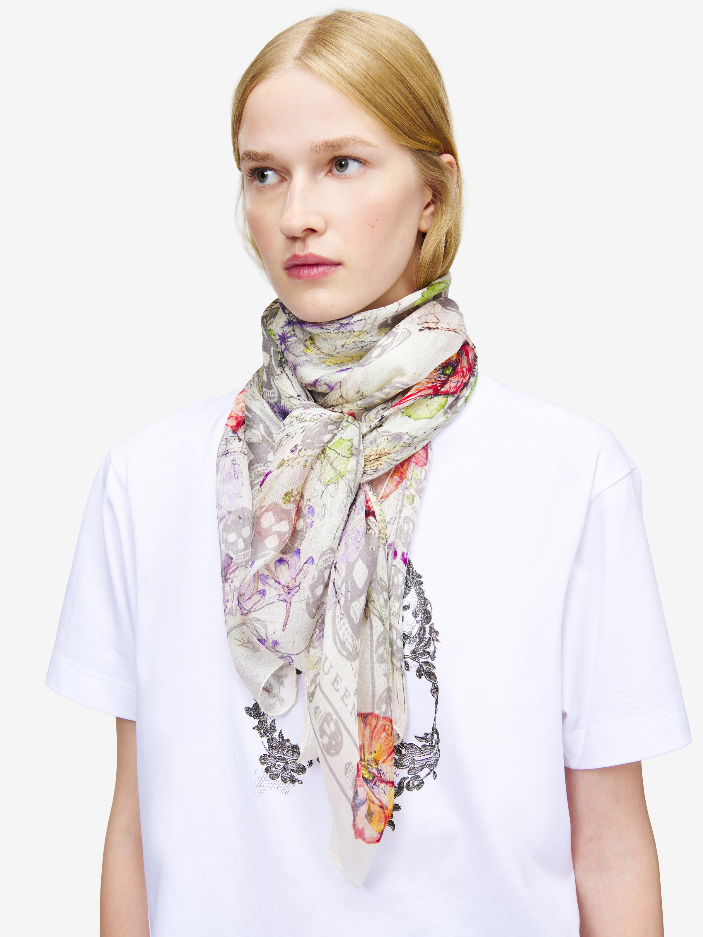Women's Skull & Spider Floral Scarf in Ivory/Grey in 100% Silk | Alexander McQueen - image 2