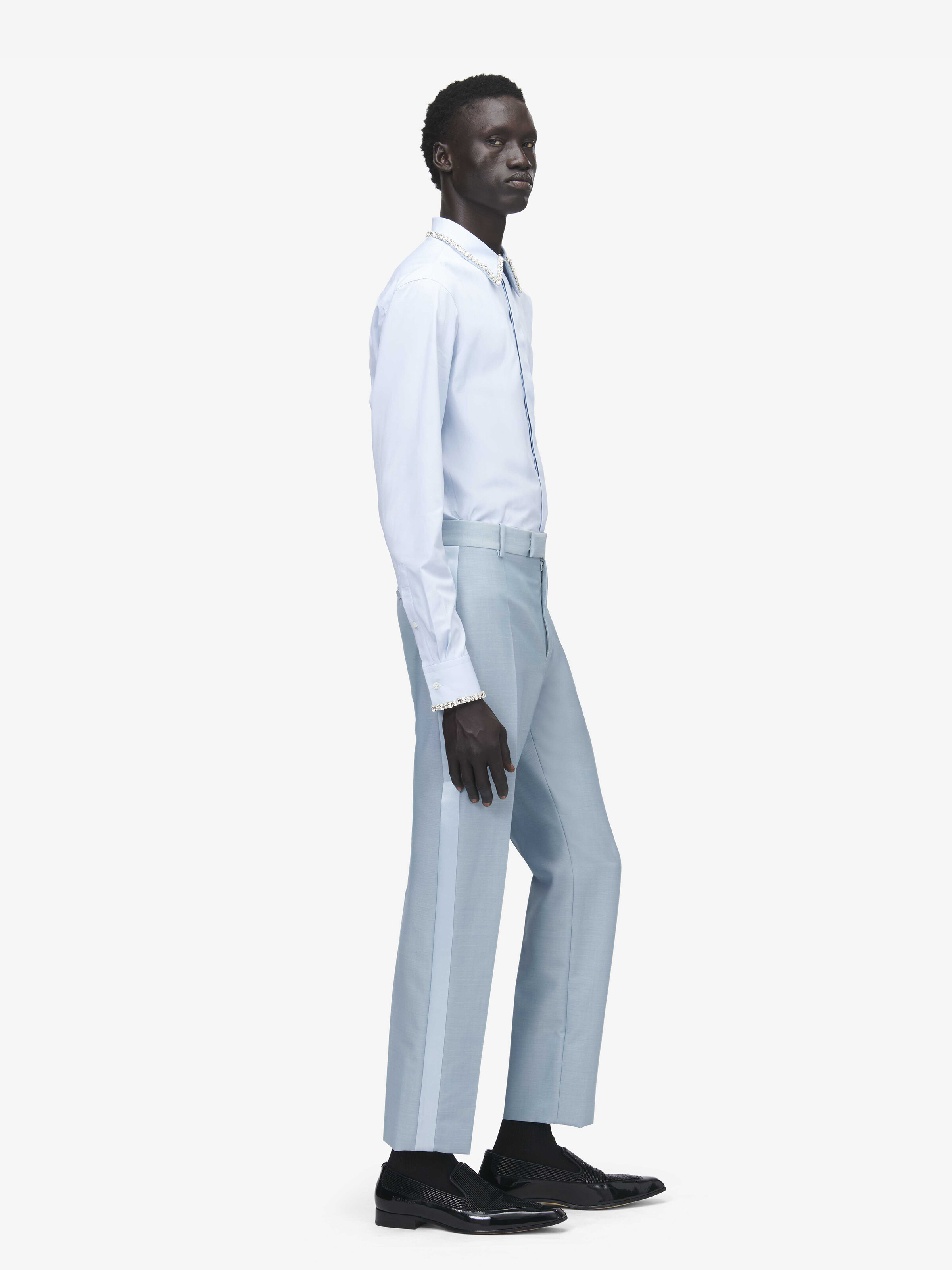 Men's Wool Mohair Tuxedo Trousers in Light Blue in 75% Wool, 25% Mohair | Alexander McQueen - image 3