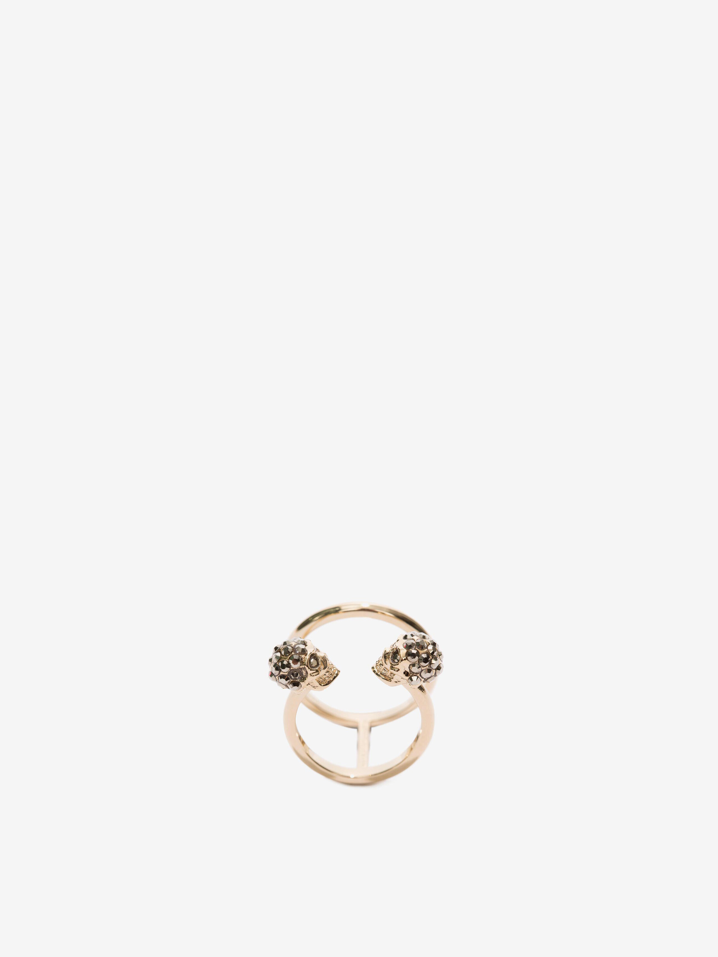 Women's Twin skull double ring in Light Gold in Brass | Alexander McQueen - image 1