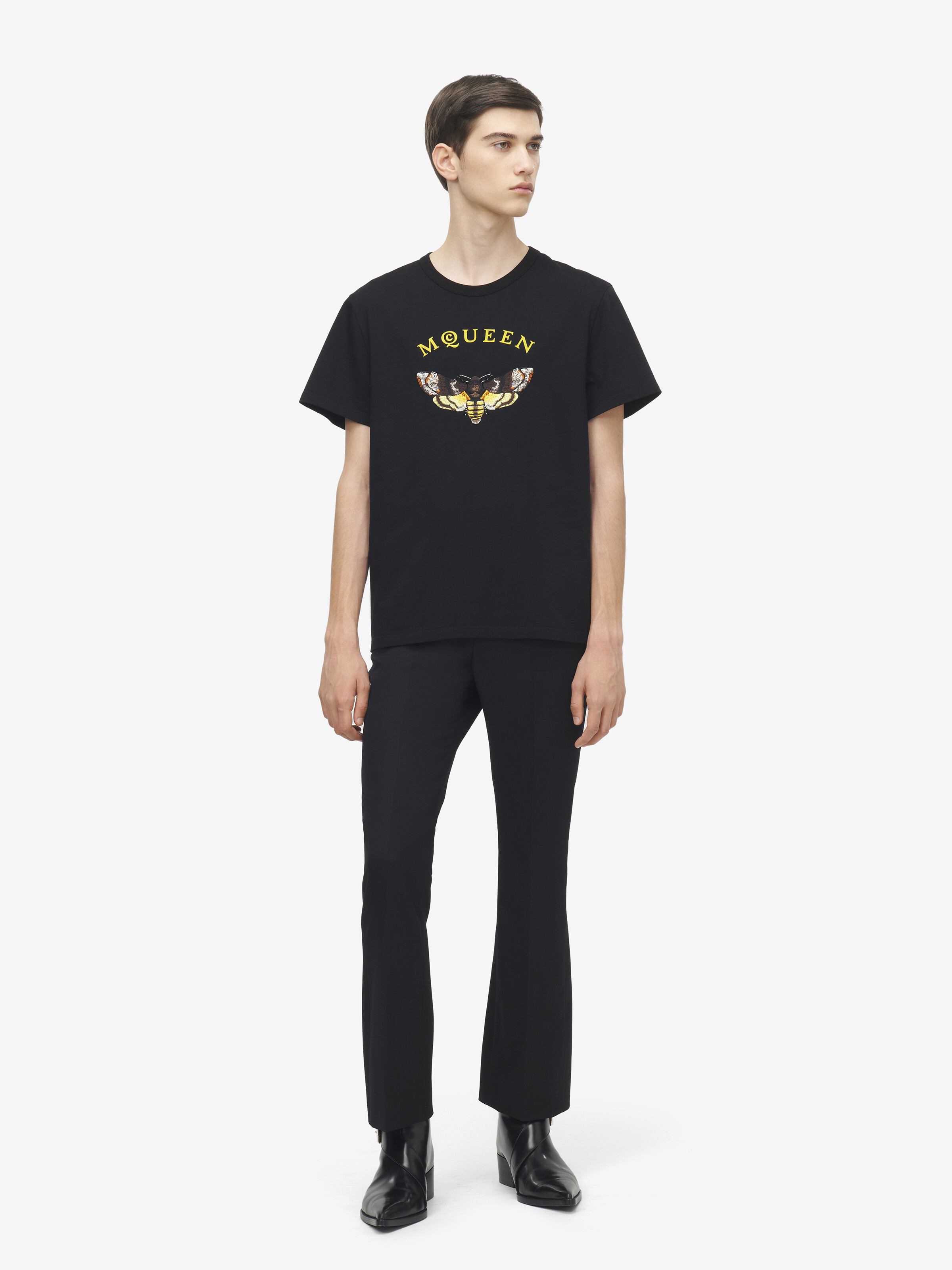 Men's Moth Embroidery Logo T-shirt in Black/Yellow in 100% Cotton | Alexander McQueen - image 3