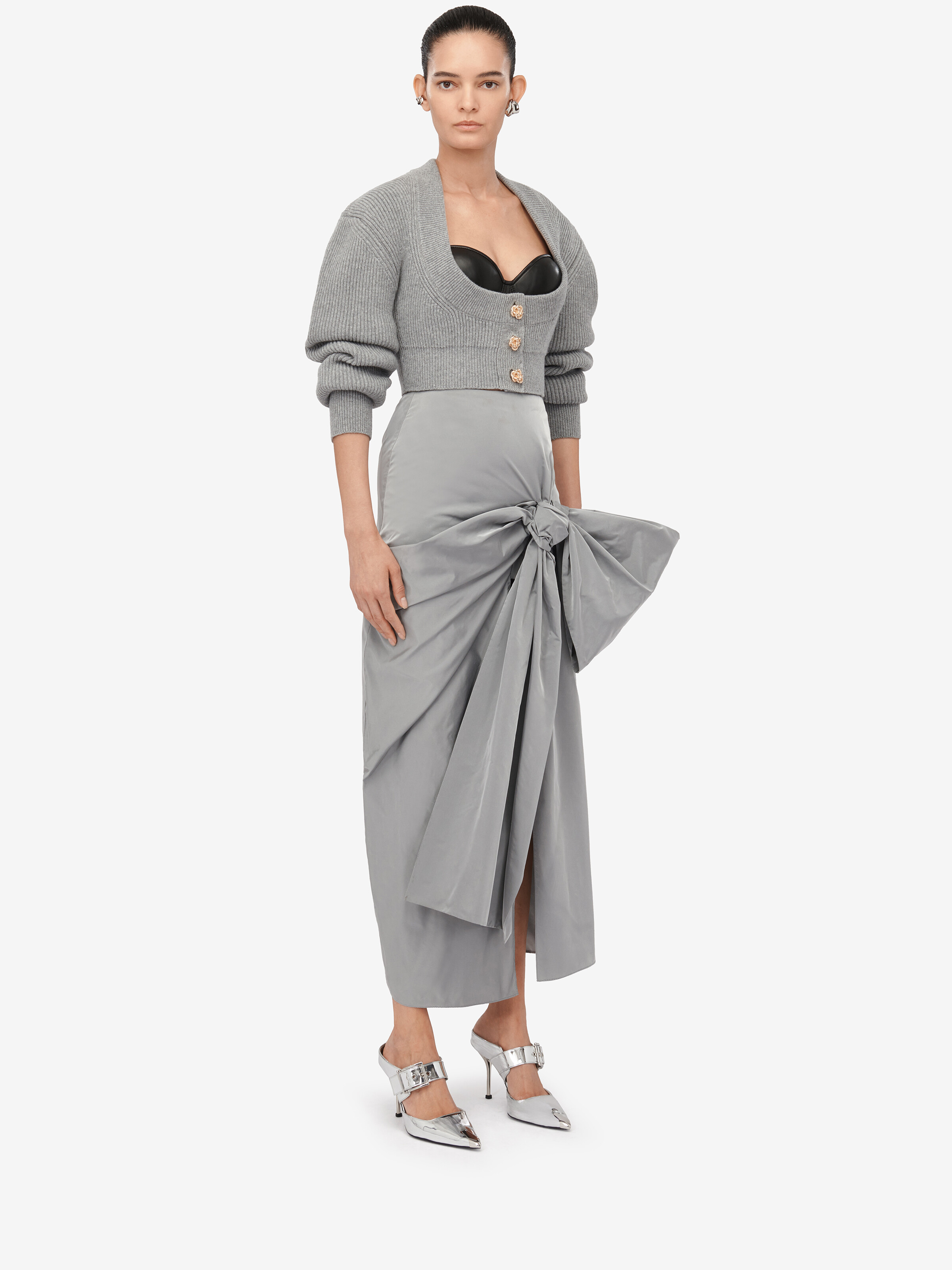 Women's Bow Detail Slim Skirt in Silver in 100% Polyester | Alexander McQueen - image 3