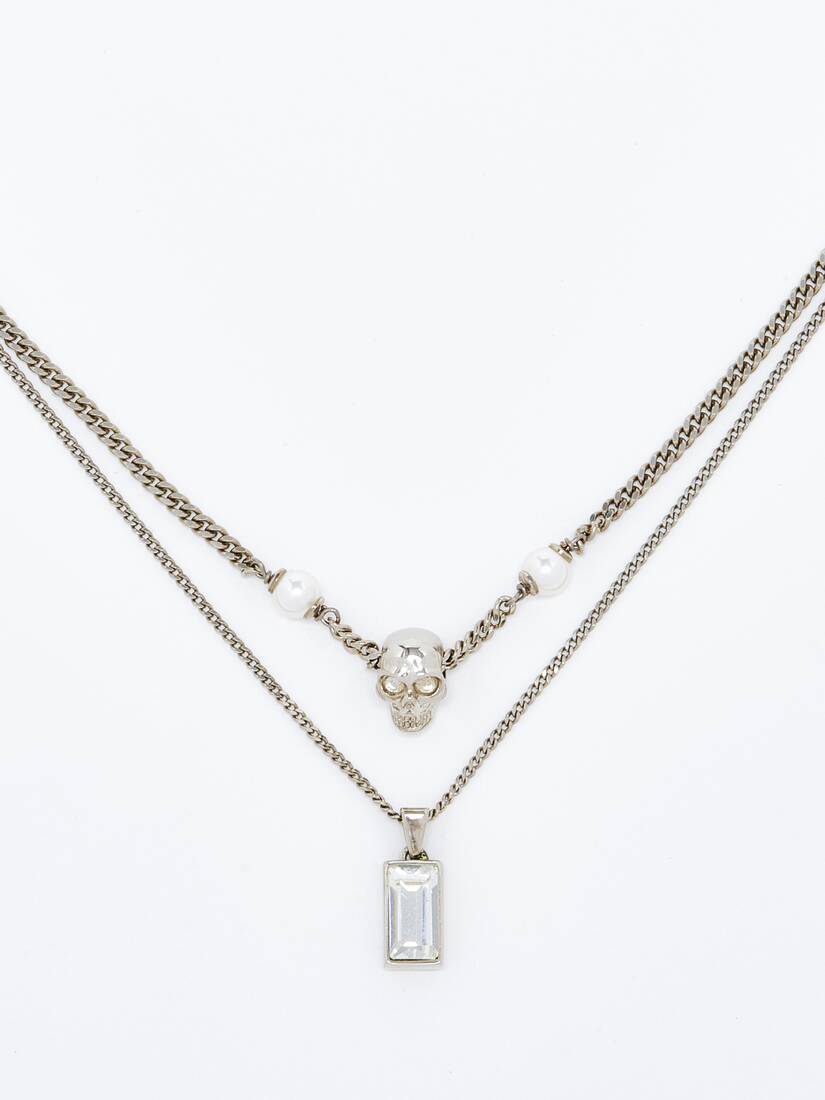Skull & Pearl Layered Chain Necklace