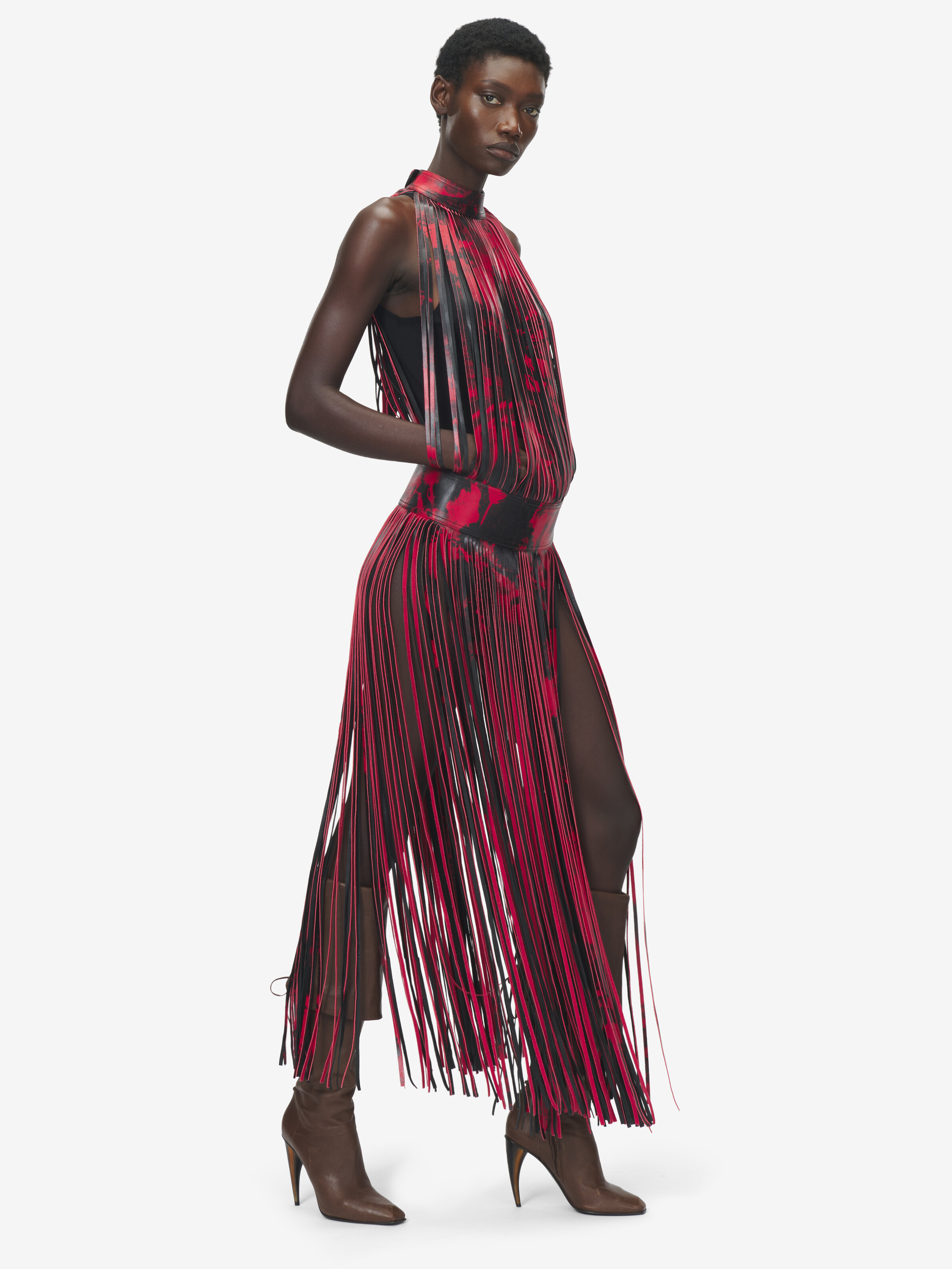 Women's Leather Floral Fringe Dress in Black/Red in Calf Leather | Alexander McQueen - image 6