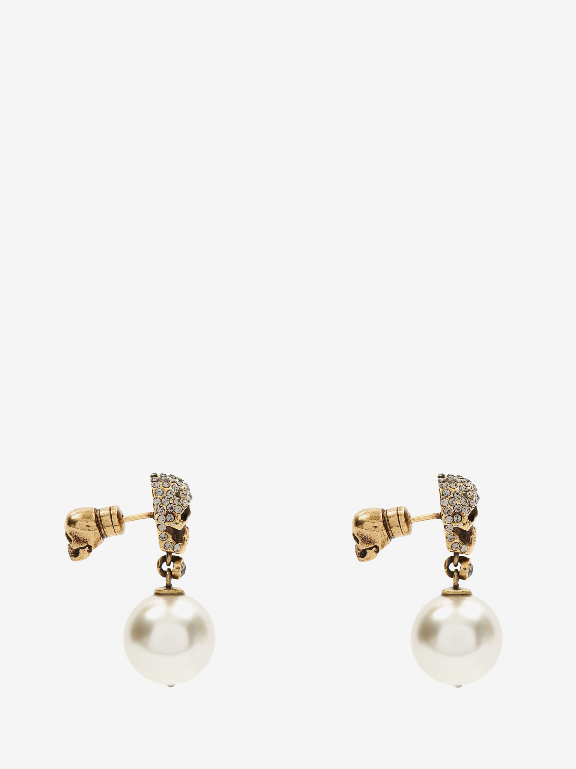 Women's Pearl Pave Skull Earrings in Antique Gold-finish in Brass | Alexander McQueen - image 2