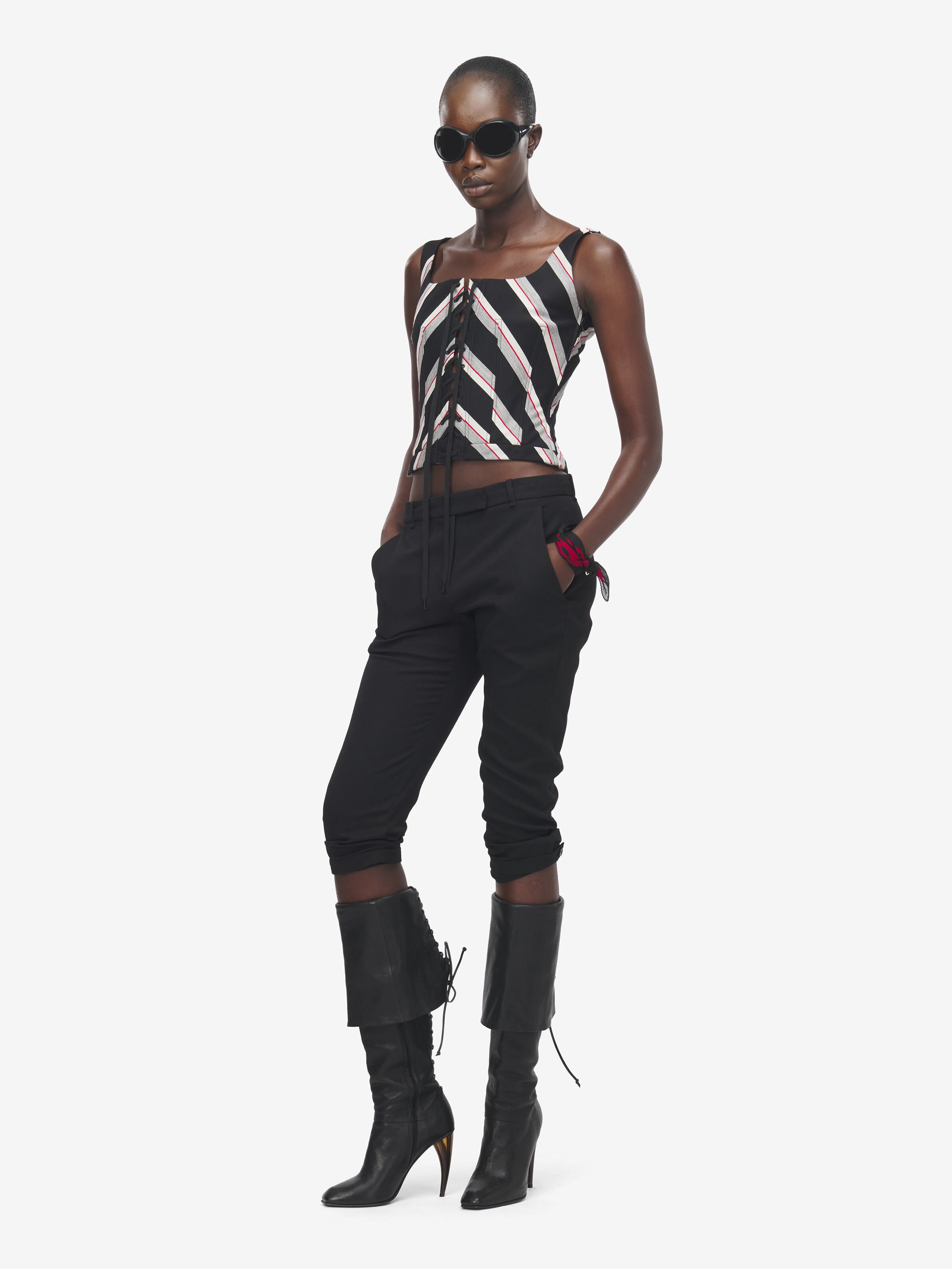 Women's Chevron Stripe Corset Top in Black/Red in 100% Wool | Alexander McQueen - image 3