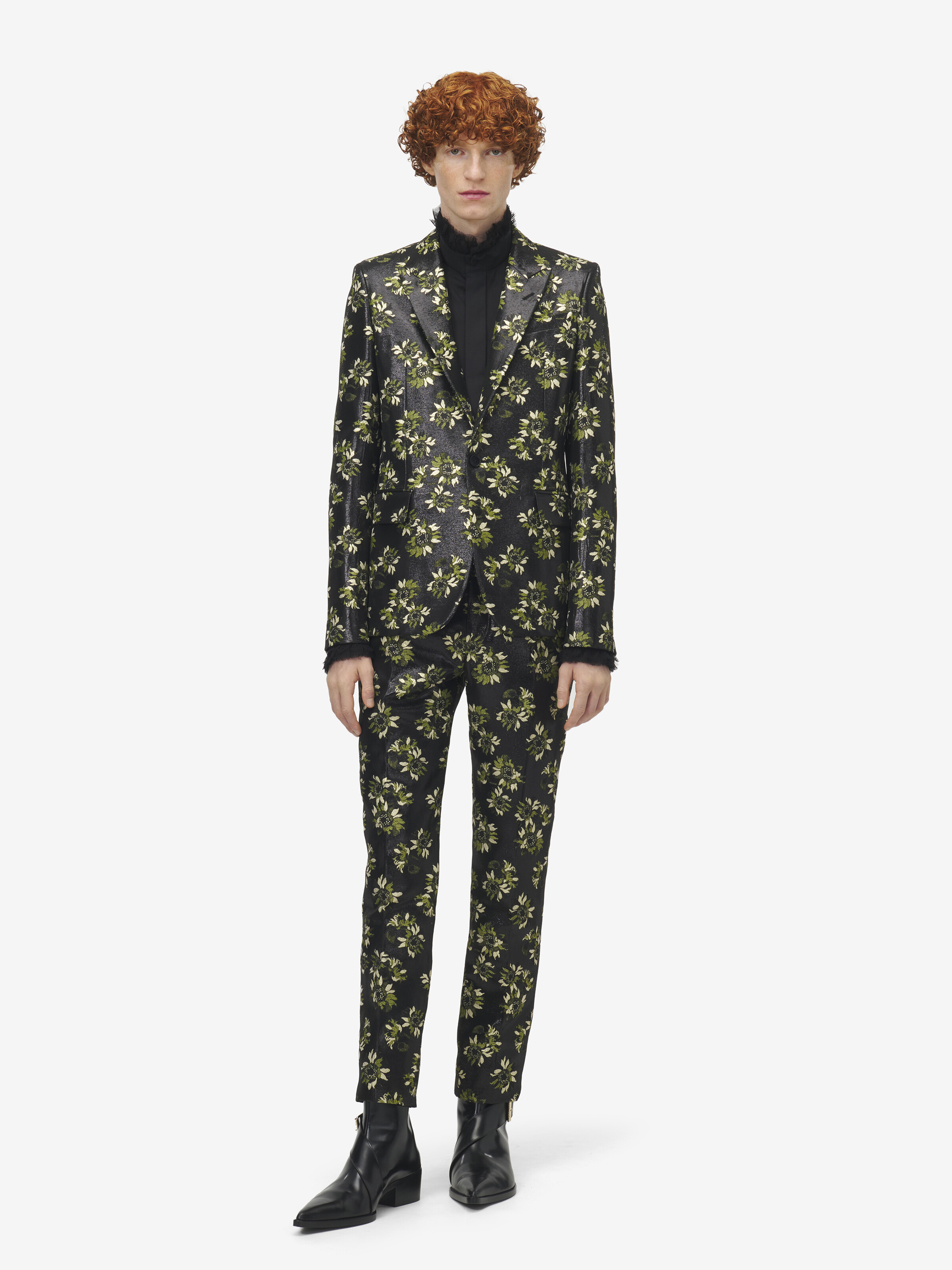 Men's Sunflower Jacquard Single-breasted Jacket in Black/Green/Gold in 89% Polyester, 11% Metalic Polyester | Alexander McQueen - image 3