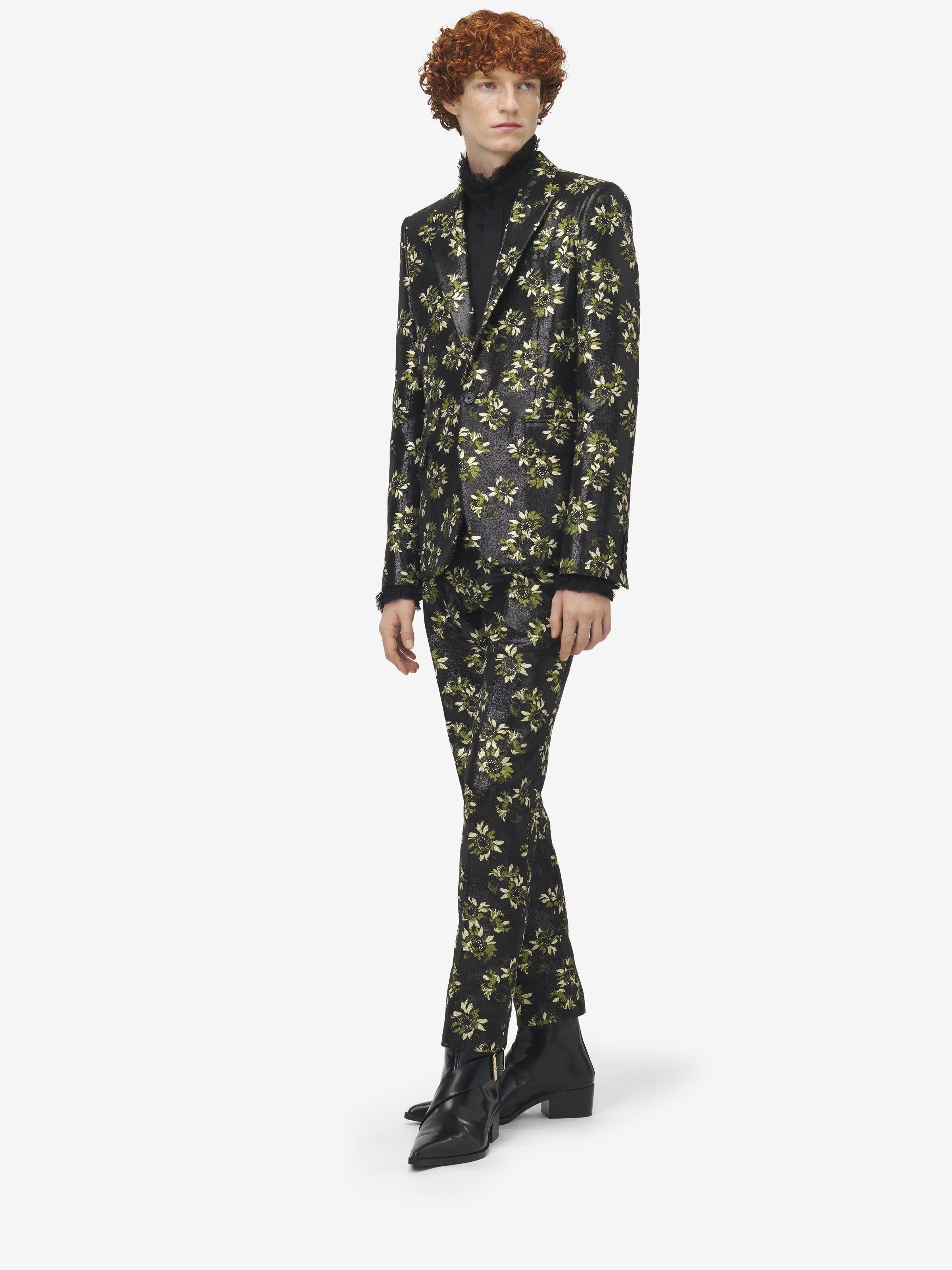 Men's Sunflower Jacquard Single-breasted Jacket in Black/Green/Gold in 89% Polyester, 11% Metalic Polyester | Alexander McQueen - image 3