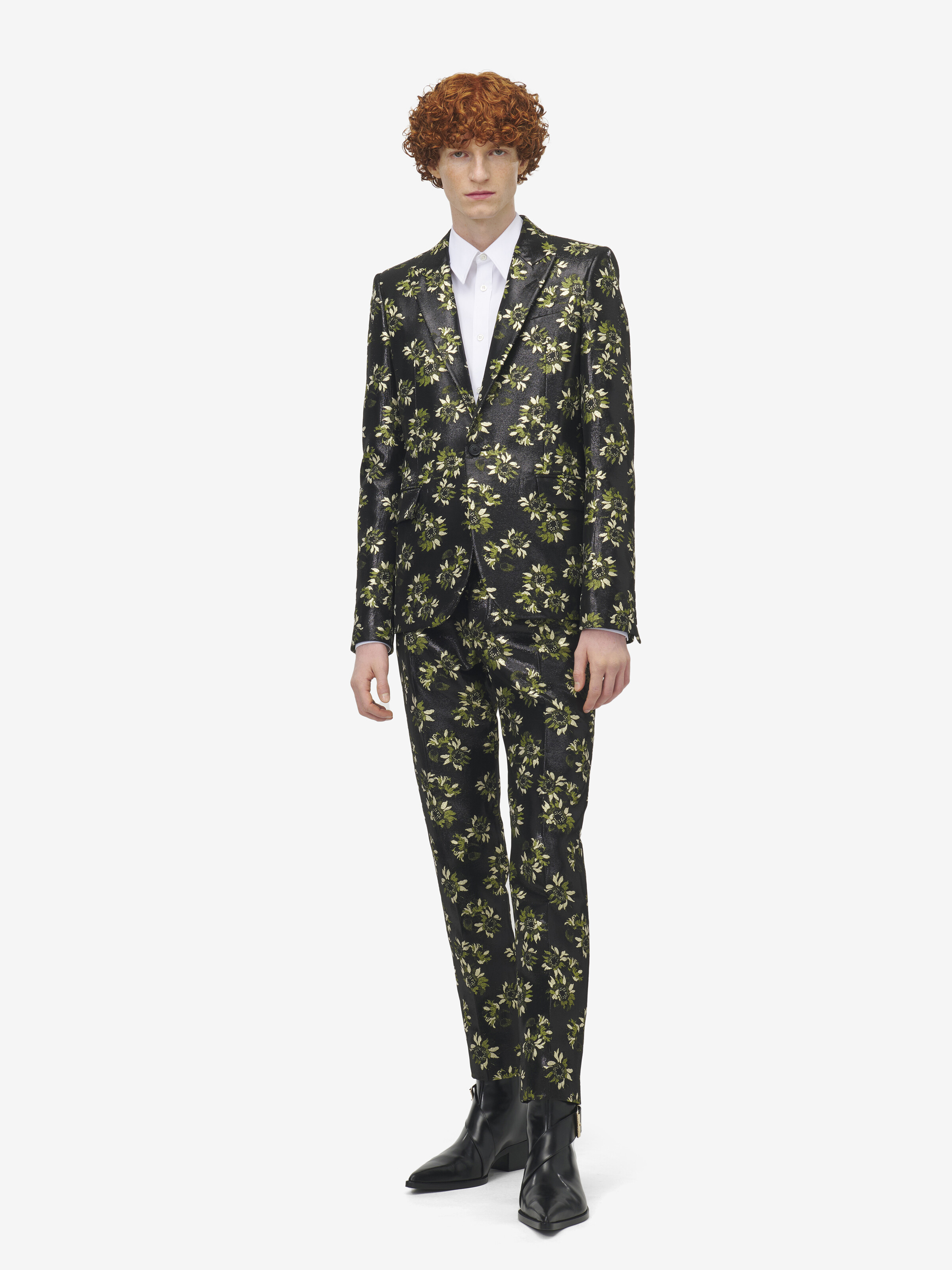 Men's Sunflower Jacquard Trousers in Black/Green/Gold in 89% Polyester, 11% Metalic Polyester | Alexander McQueen - image 1
