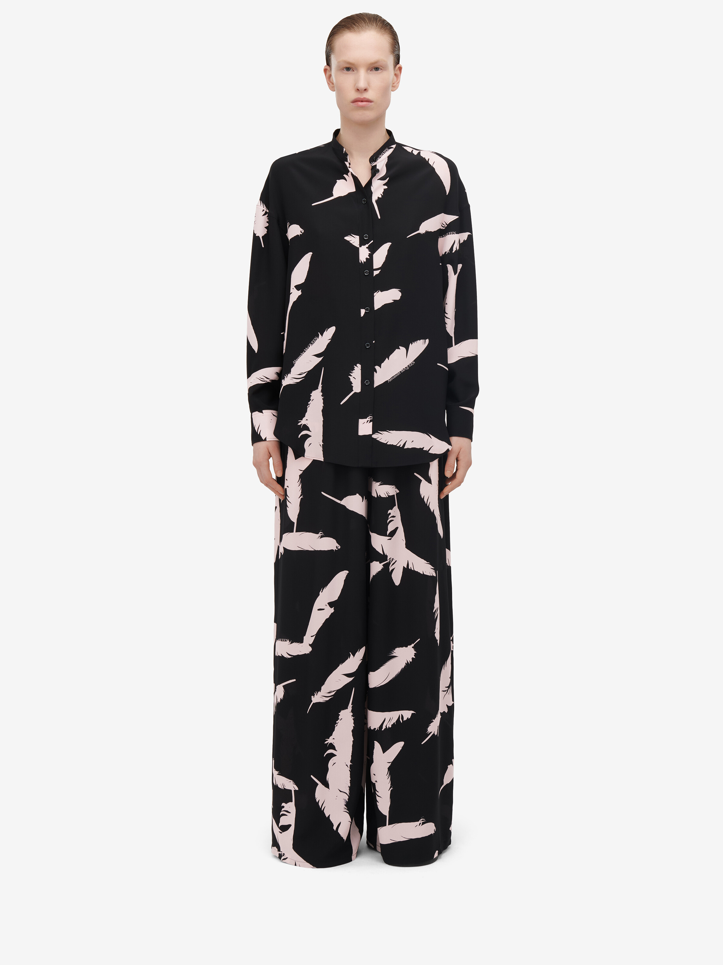 Women's Feather Pyjama Trousers in Black/Pink in 100% Silk | Alexander McQueen - image 1