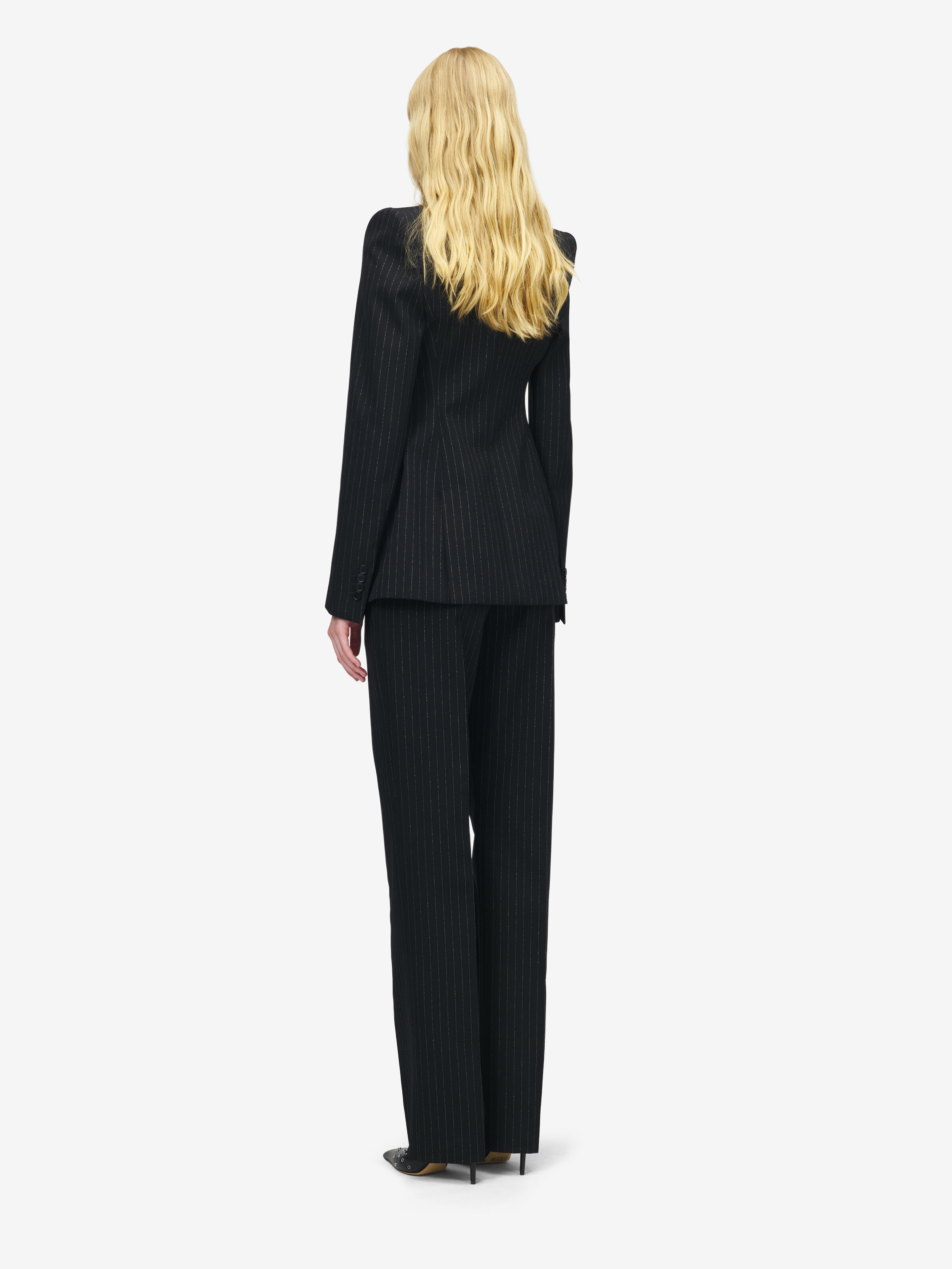 Women's Pinstriped Double-breasted Jacket in Black in 100% Wool | Alexander McQueen - image 5