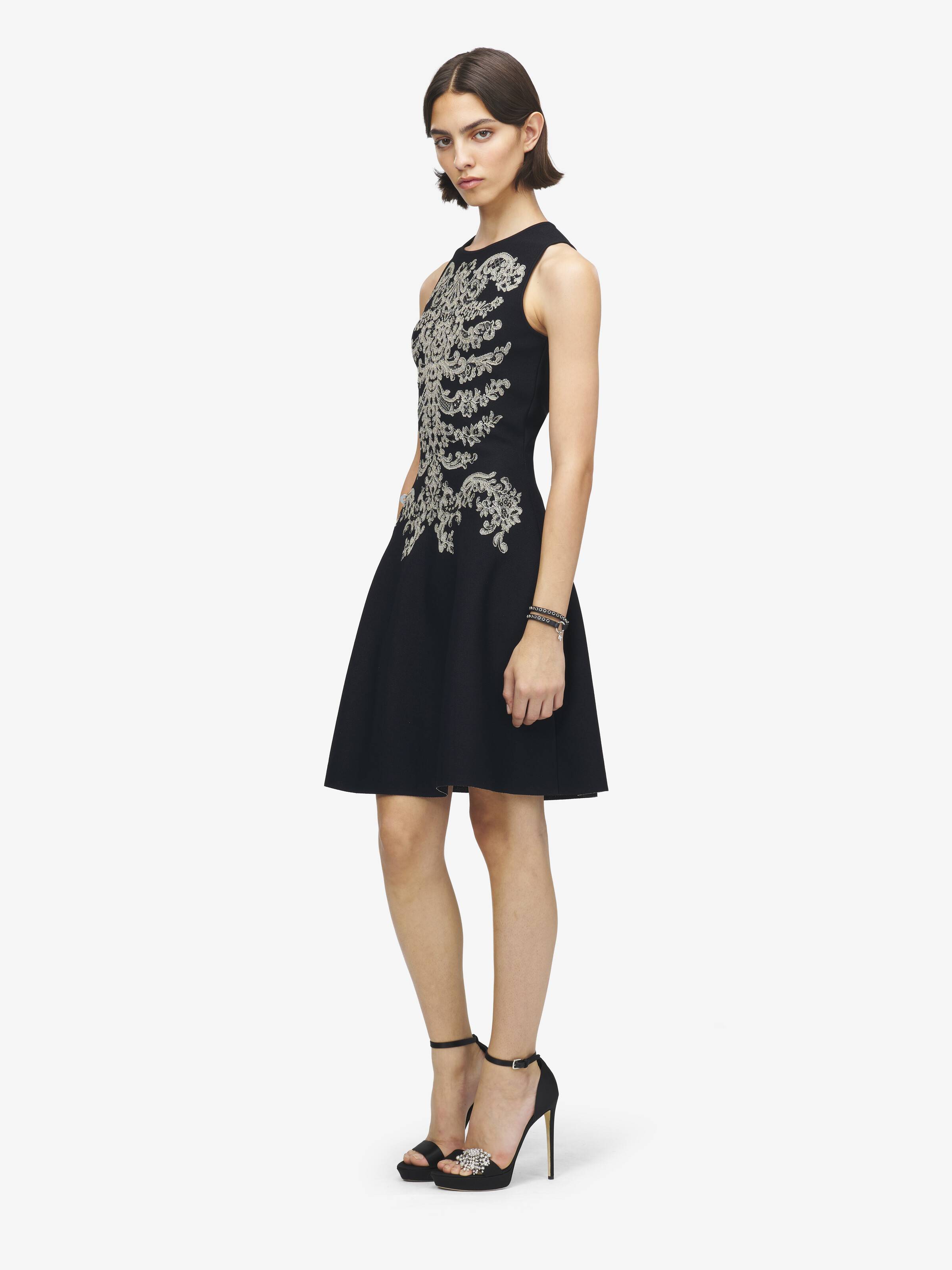 Jacquard-Minikleid mit Rippenstickerei aus Spitze Damen für Schwarz in 84% Viscose, 14% Polyester, 2% Metallic-Polyester | Alexander McQueen - image 3