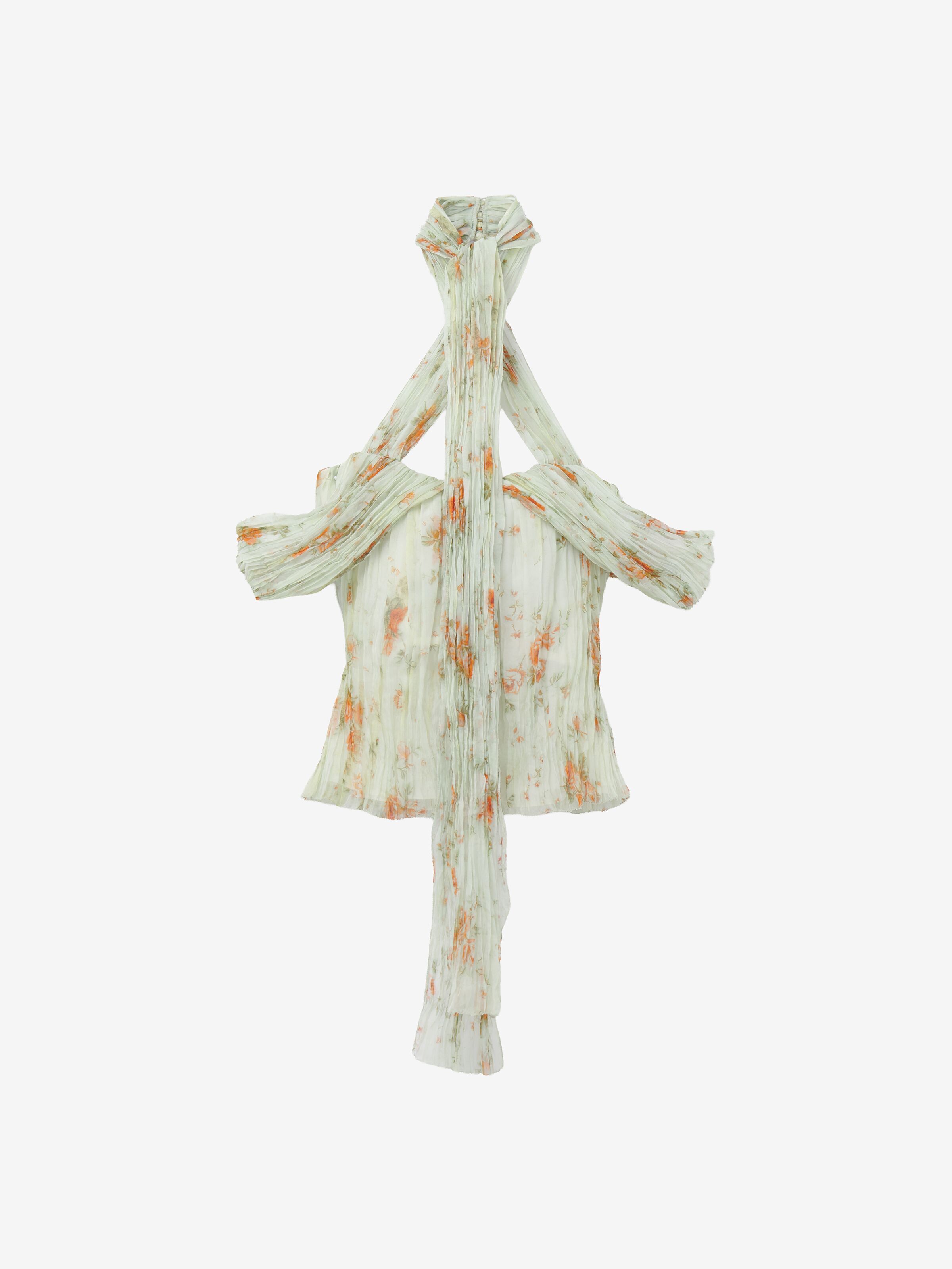 Women's Floral Pleated Top in Stone/Light Orange in 100% Polyester | Alexander McQueen - image 1