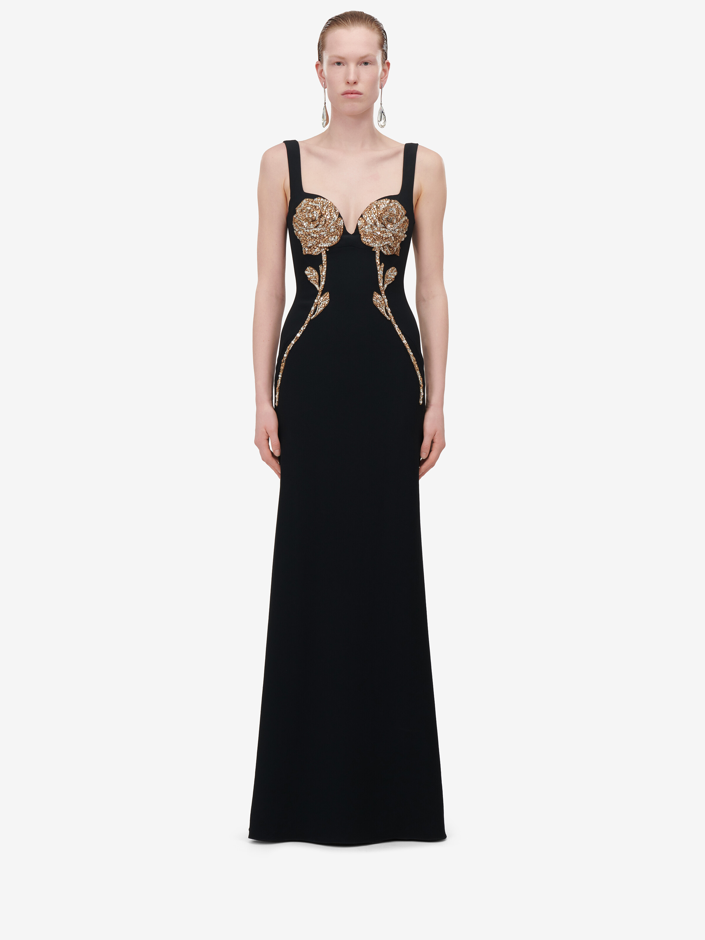 Women's Gold Rose Embroidery Evening Dress in Black in 52% Viscose, 48% Acetate | Alexander McQueen - image 2