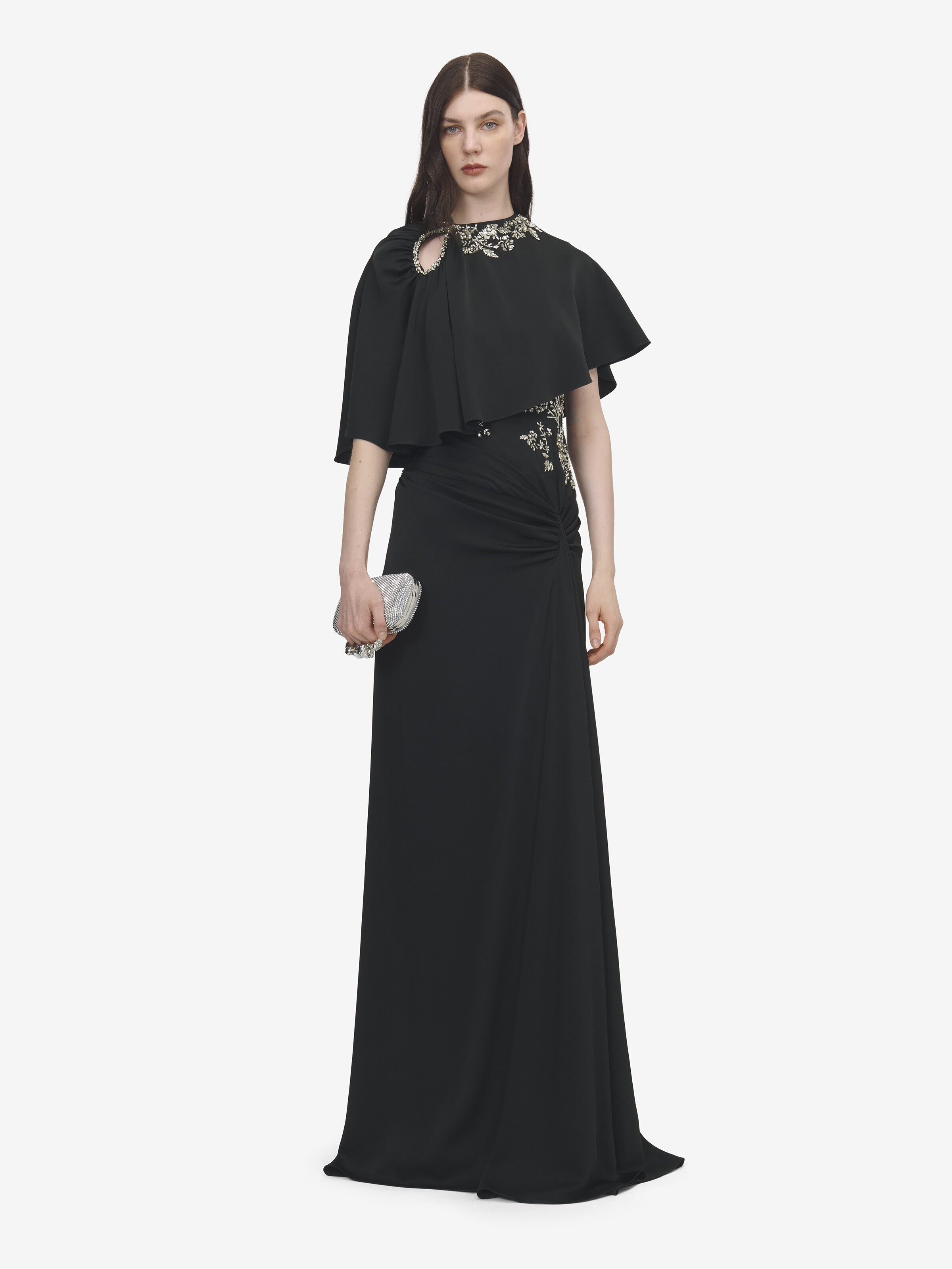 Women's Floral Embroidery Asymmetric Cape in Black in 61% Viscose, 39% Acetate | Alexander McQueen - image 2