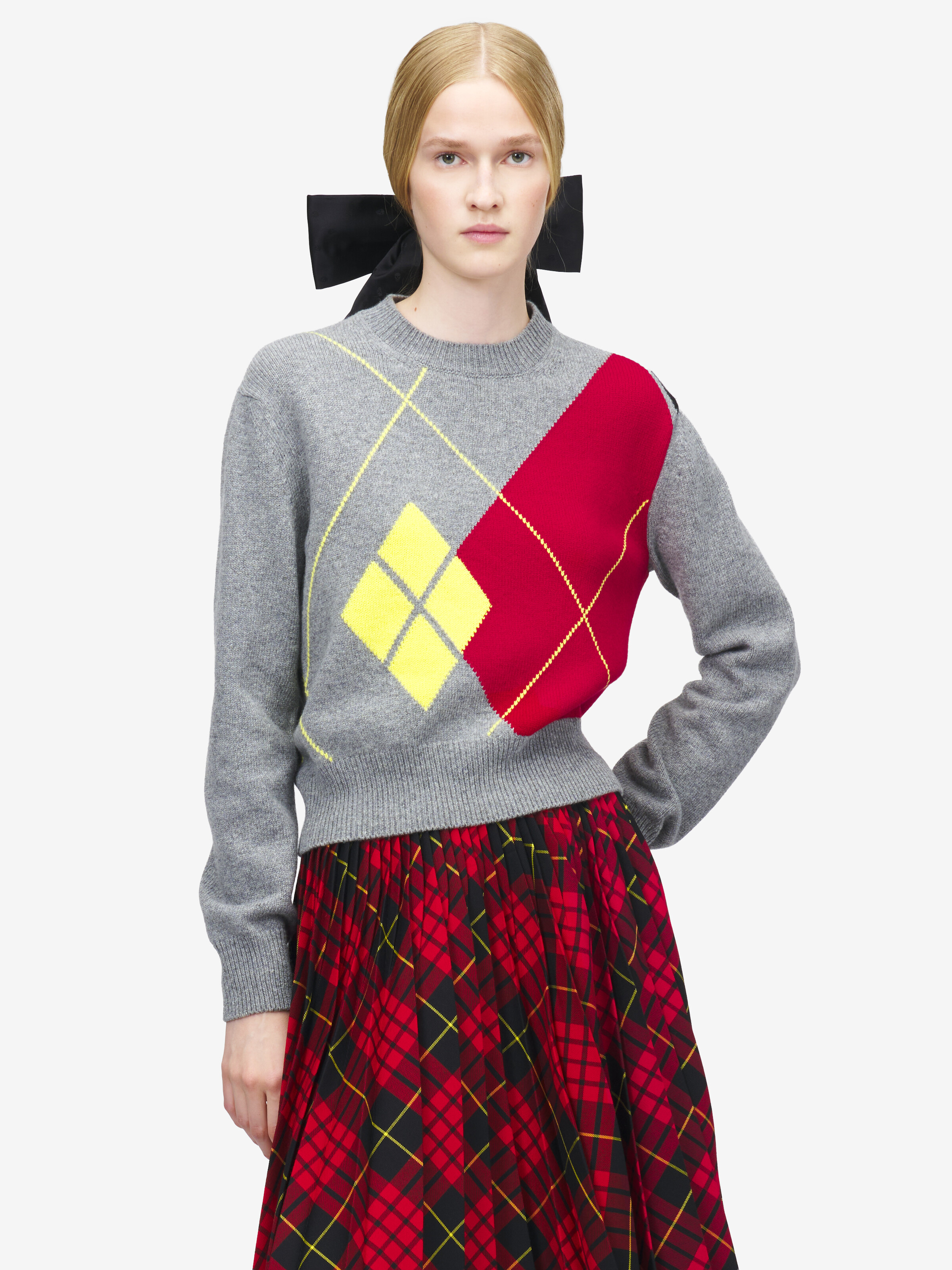 Women's Argyle Crew Neck Jumper in Grey/Red/Yellow in 100% Wool | Alexander McQueen - image 1