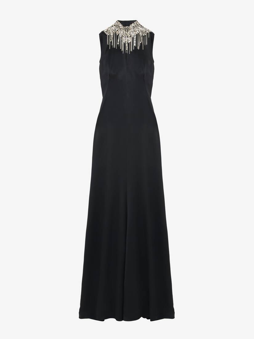 Women's Chain Mail Embroidery Evening Dress in Black | McQueen US Women's Chain Mail Embroidery Evening Dress in Black | McQueen US