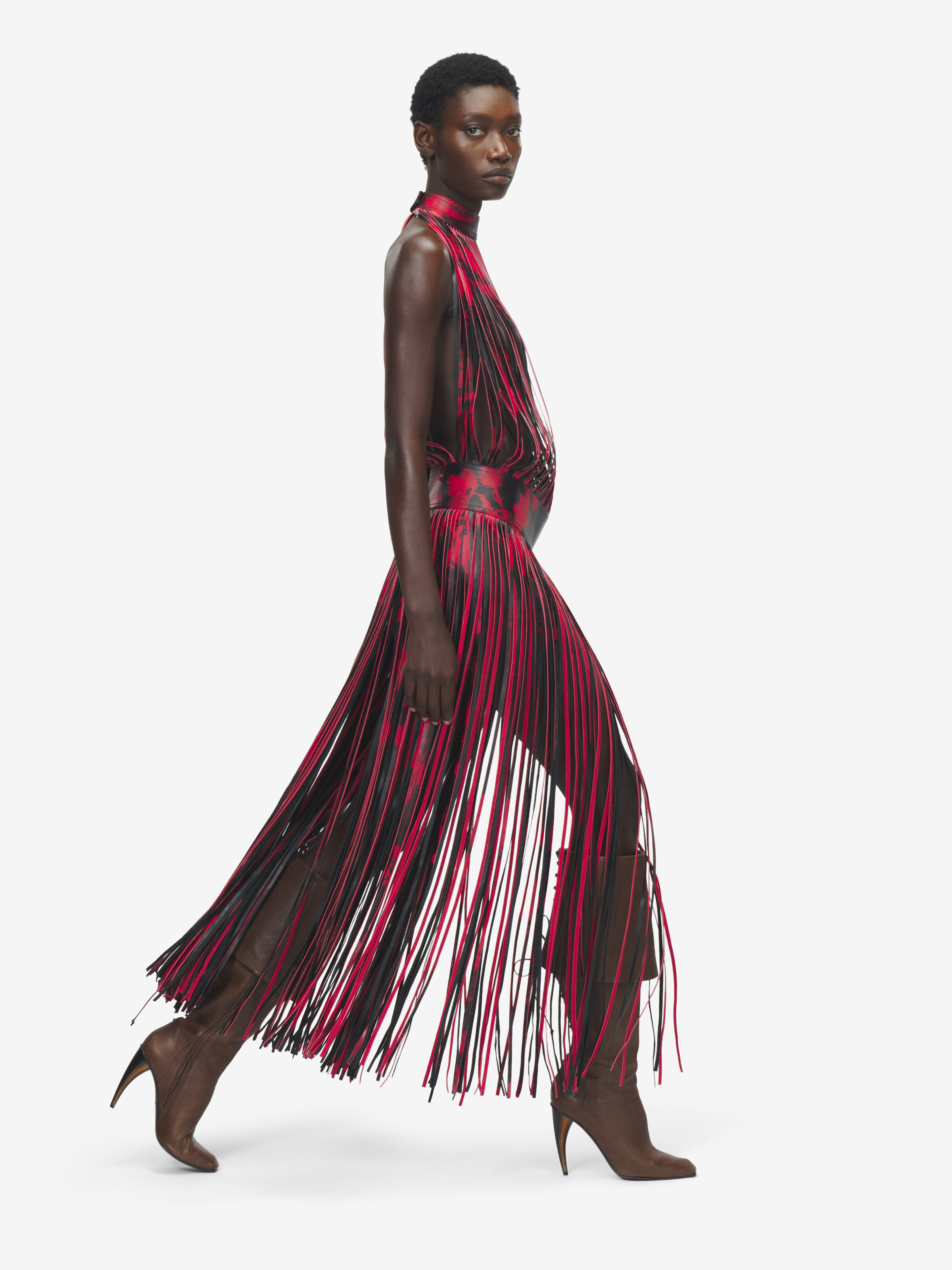 Women's Leather Floral Fringe Dress in Black/Red in Calf Leather | Alexander McQueen - image 3