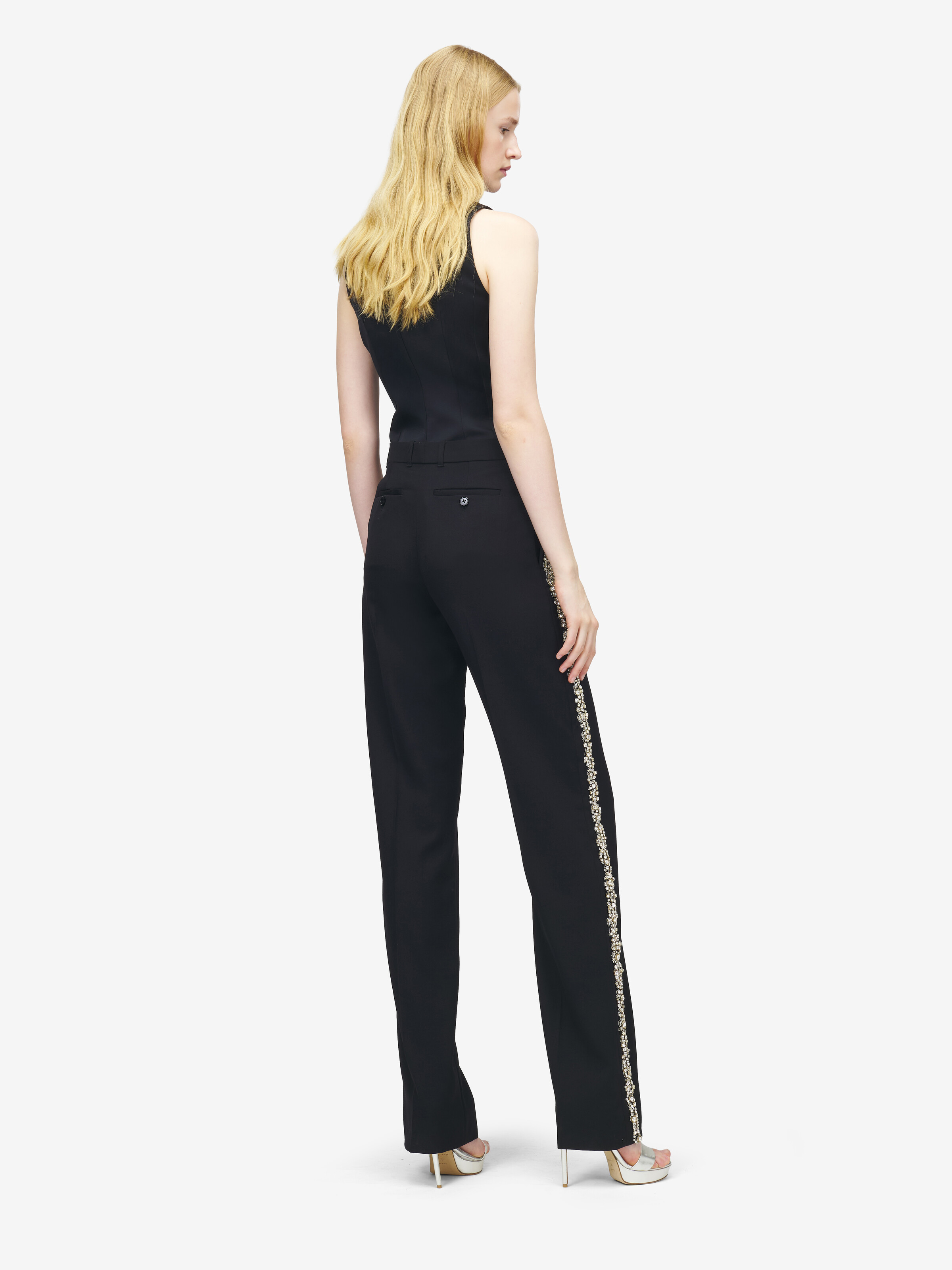 Women's Crystal Embroidery Tuxedo Trousers in Black in 100% Wool | Alexander McQueen - image 4
