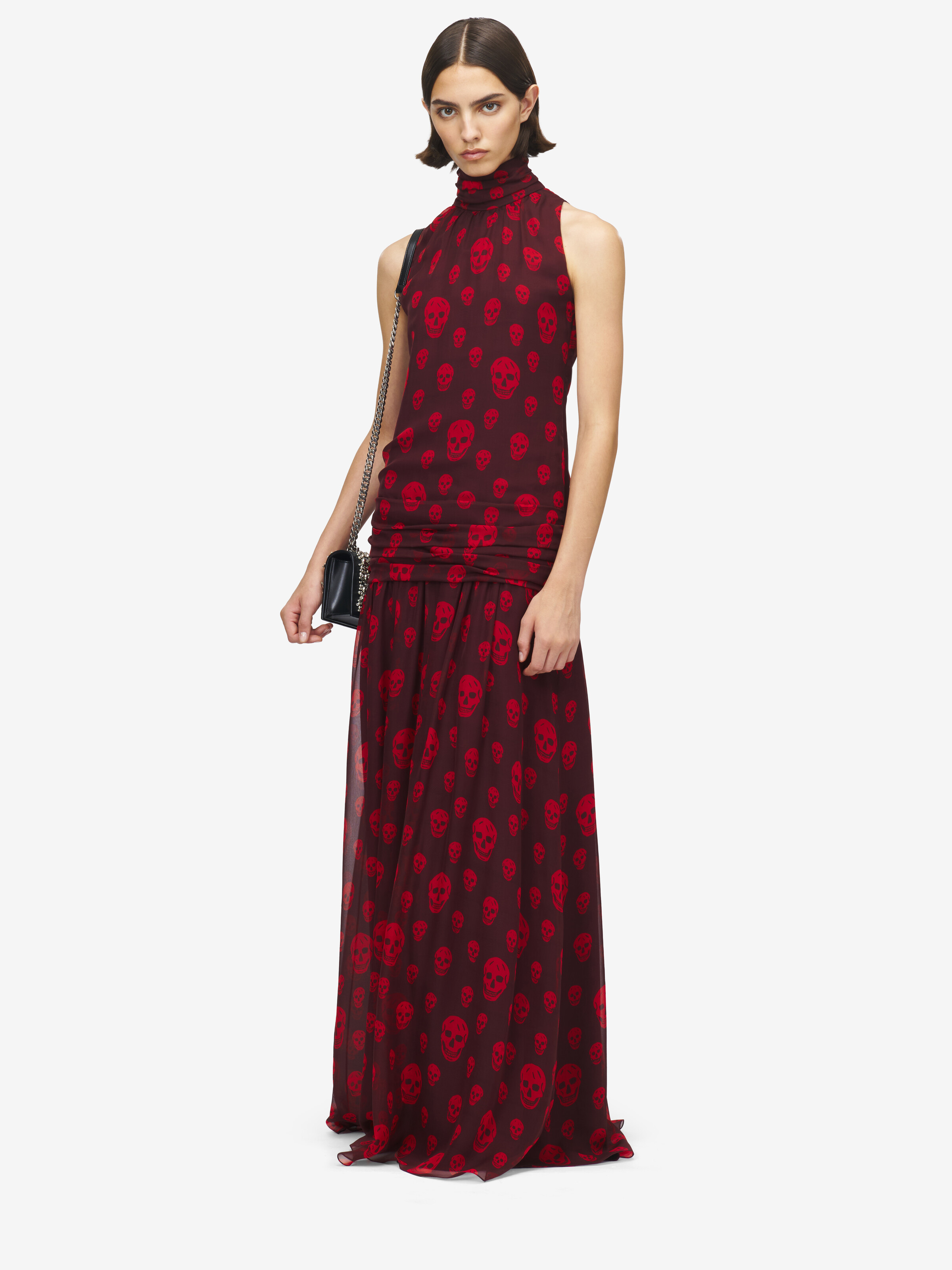 Women's Skull Print Evening Dress in Oxblood in 100% Silk | Alexander McQueen - image 2