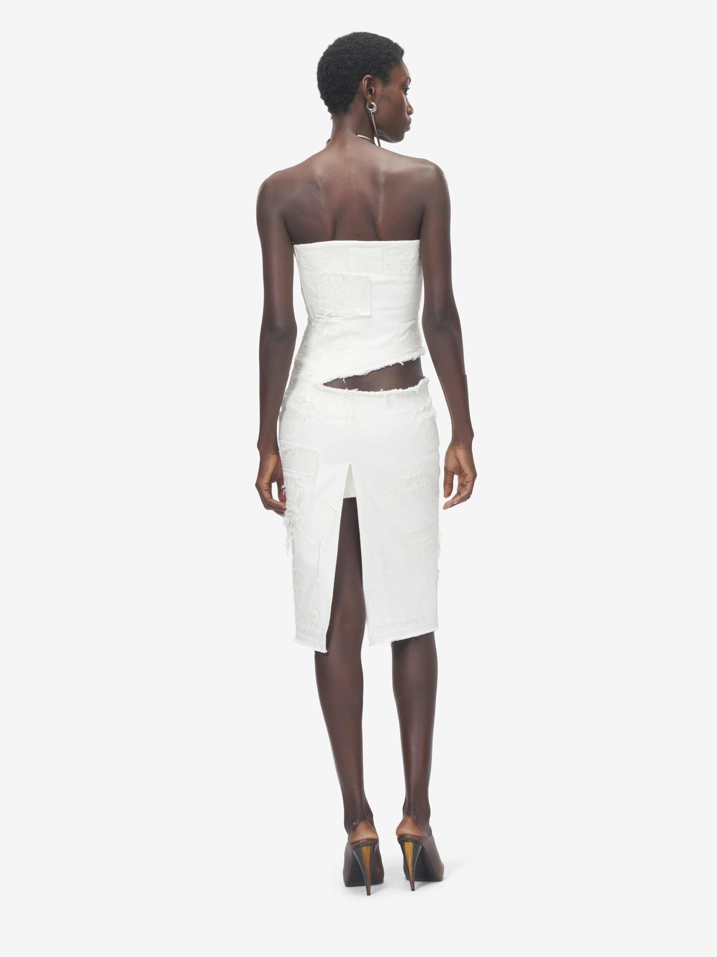 Women's Slashed Denim Strapless Dress in Ivory in 100% Cotton | Alexander McQueen - image 4