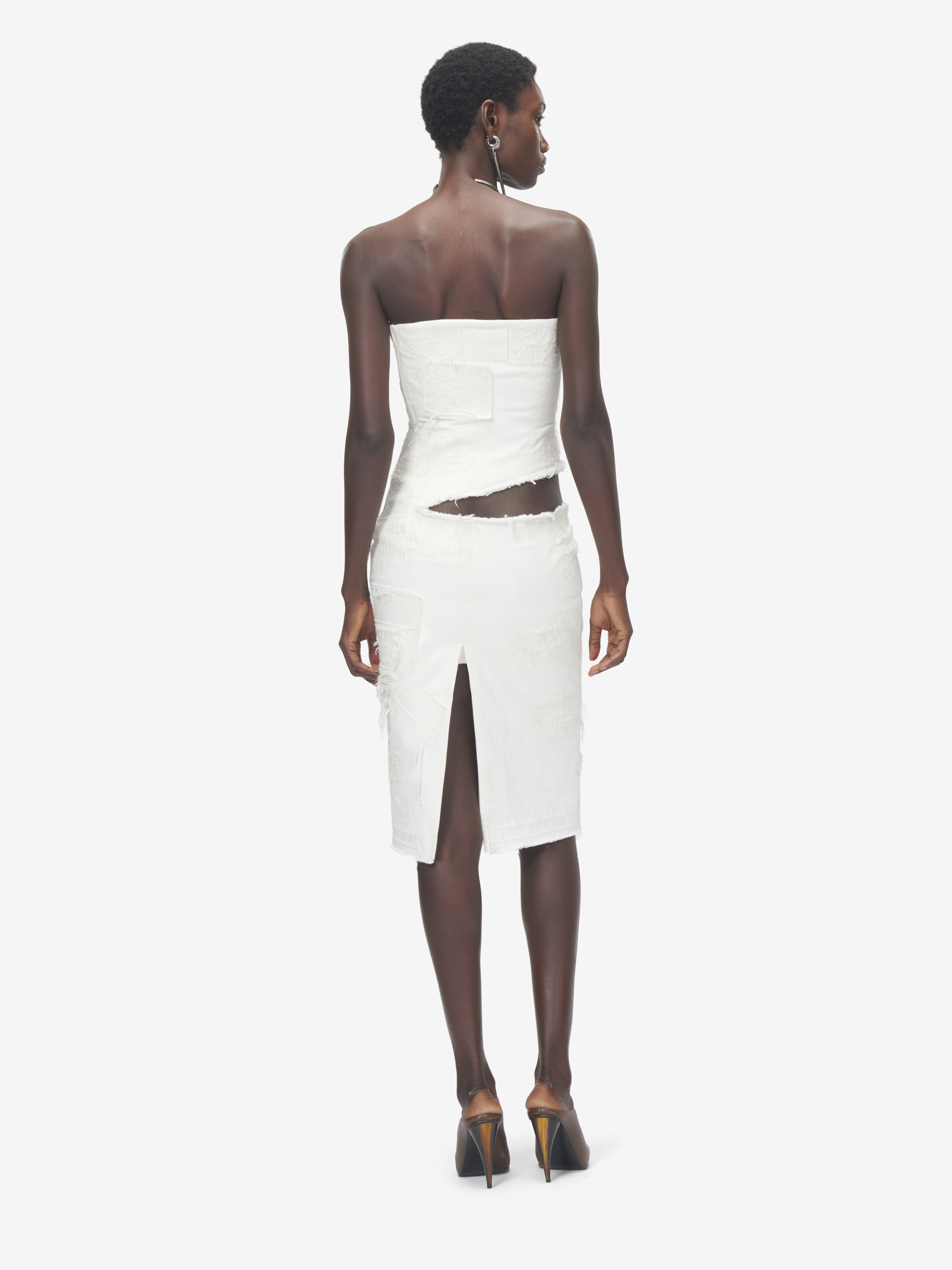 Women's Slashed Denim Strapless Dress in Ivory in 100% Cotton | Alexander McQueen - image 4