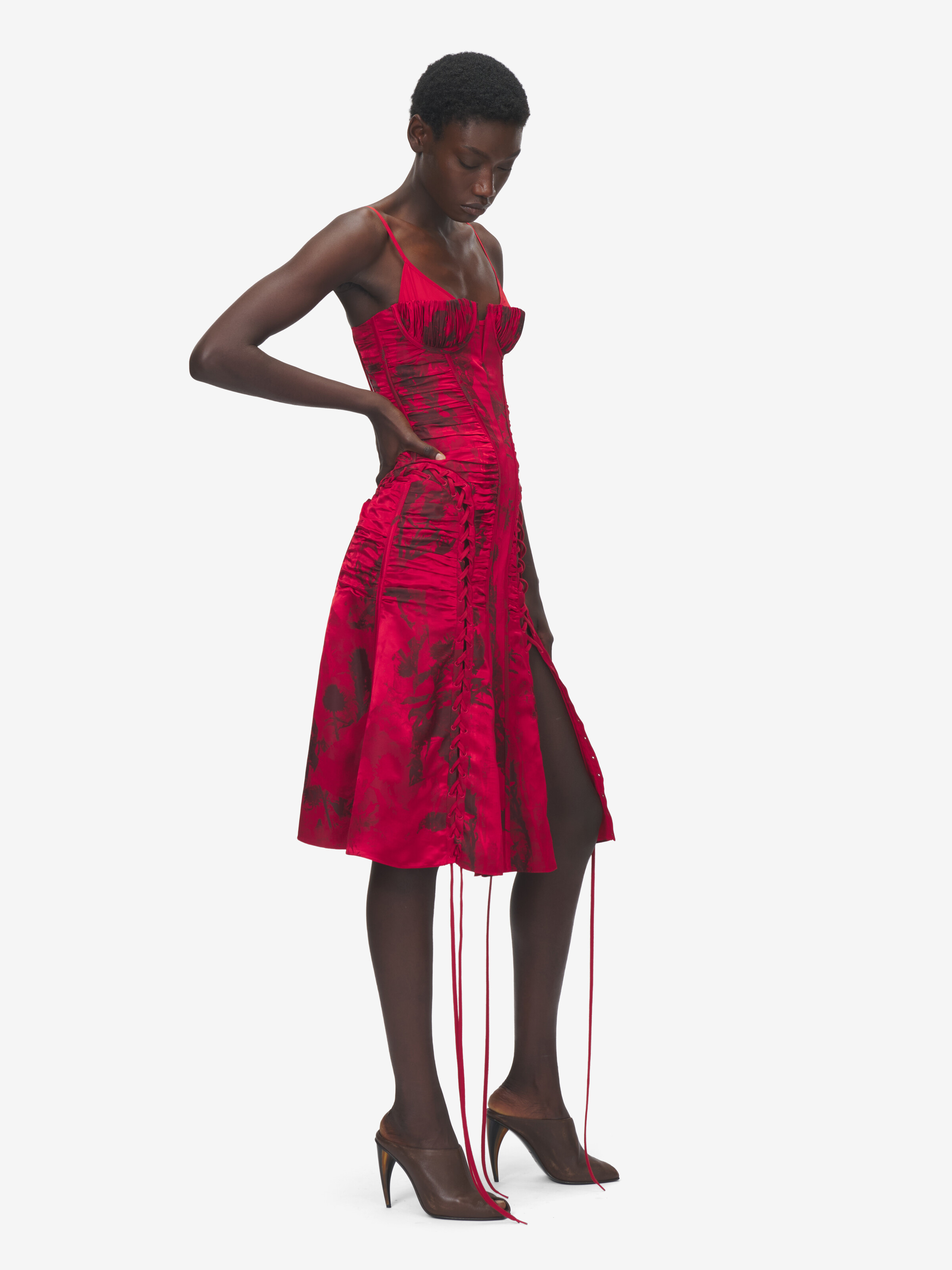 Women's Floral Jacquard Corset Dress in Red/Black in 100% Viscose | Alexander McQueen - image 3
