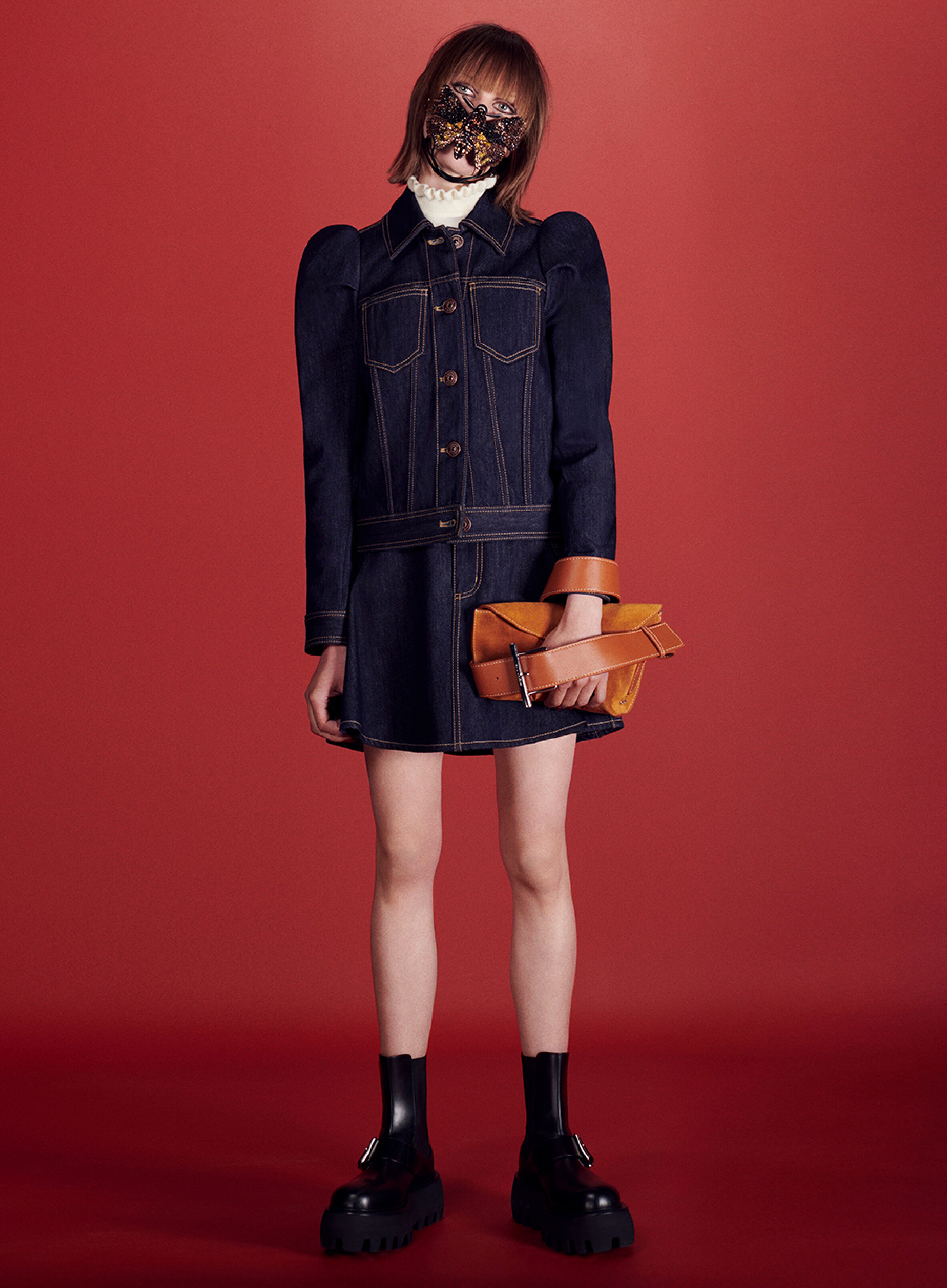 Alexander McQueen Denim tailored jacket and McQueen denim skirt
