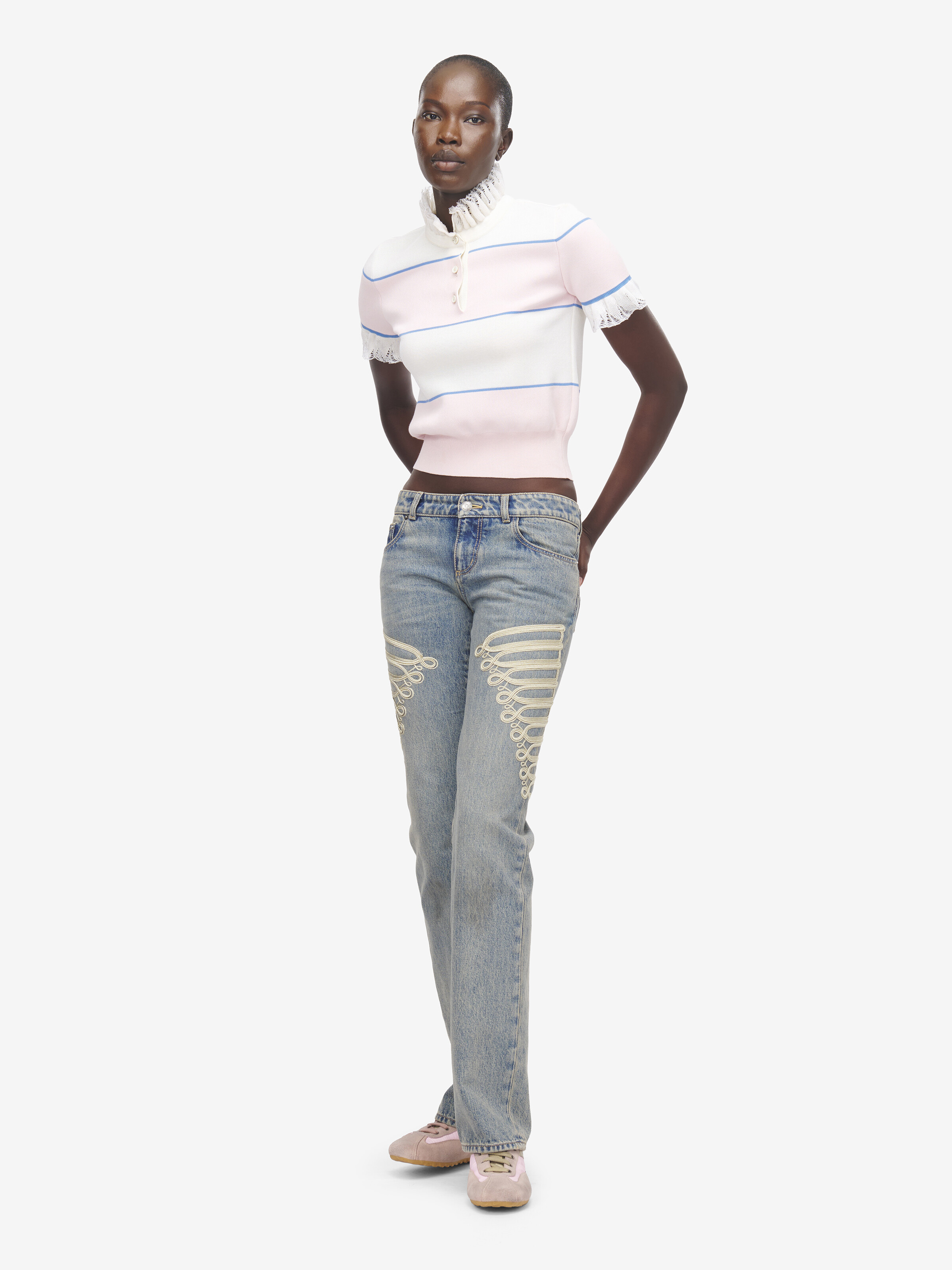 Women's Ruffle Trim Striped Top in Ivory/Light Pink in 67% Viscose, 33% Cotton | Alexander McQueen - image 2
