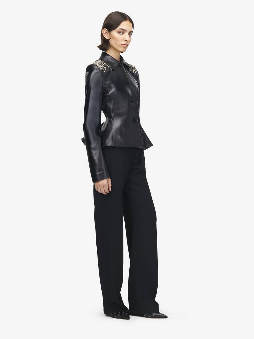 Crystal Embroidery Leather Peplum Jacket | Alexander McQueen - image 3